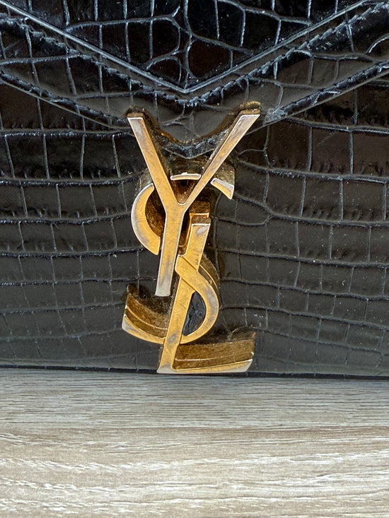 Saint Laurent YSL Black Crocodile Embossed Leather Cassandra Mini Top Handle Bag