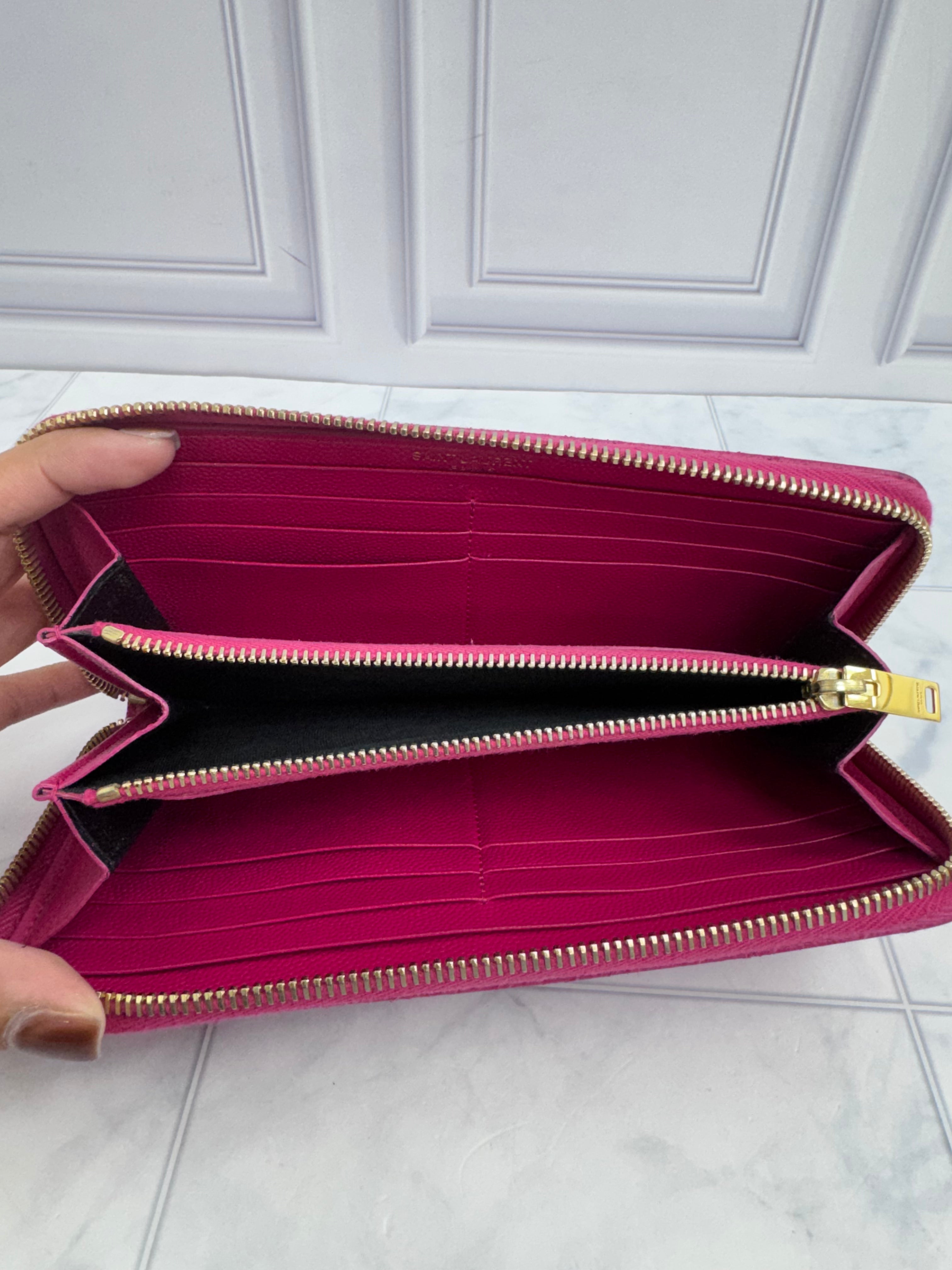 Saint Laurent YSL Pink Quilted Caviar Leather Zippy Wallet