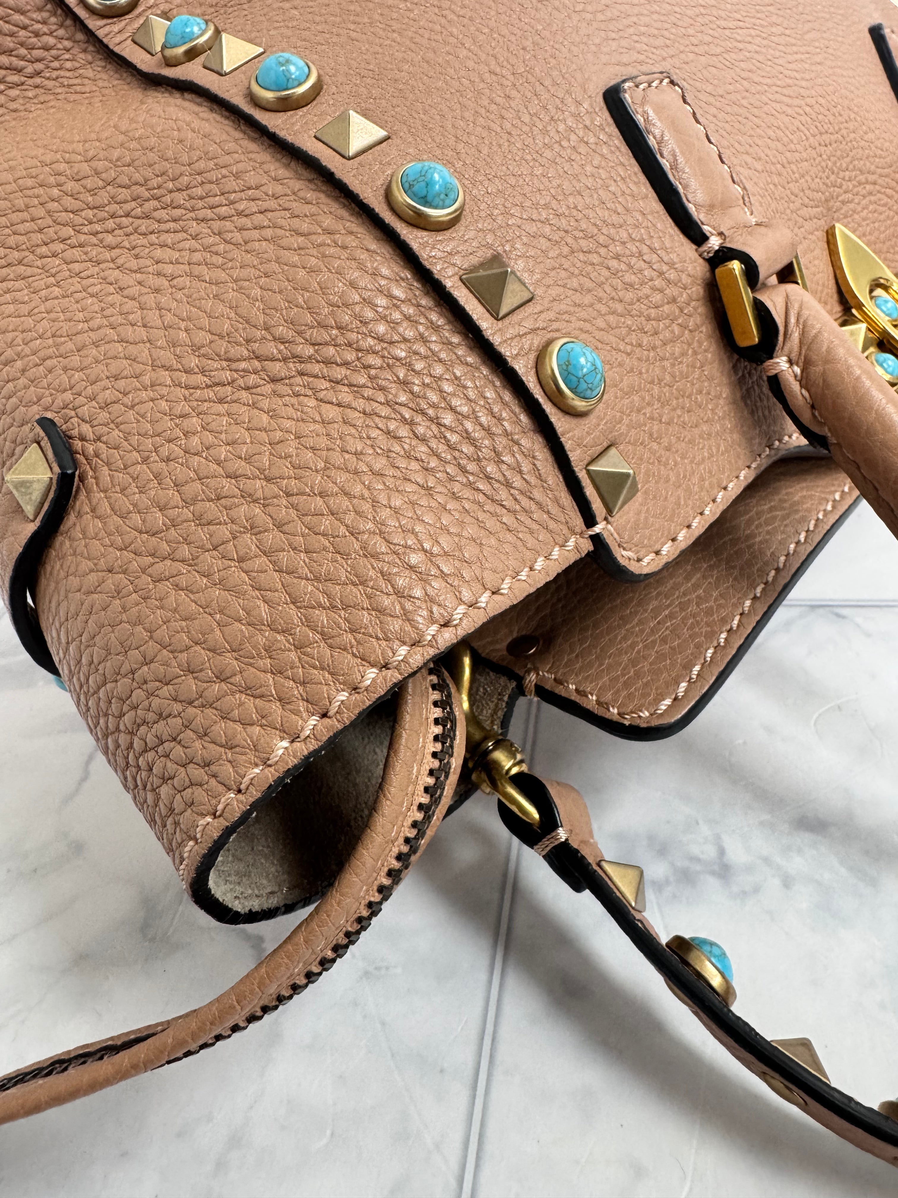 Valentino Dusty Rose Grained Leather Rockstud Rolling Tote Bag