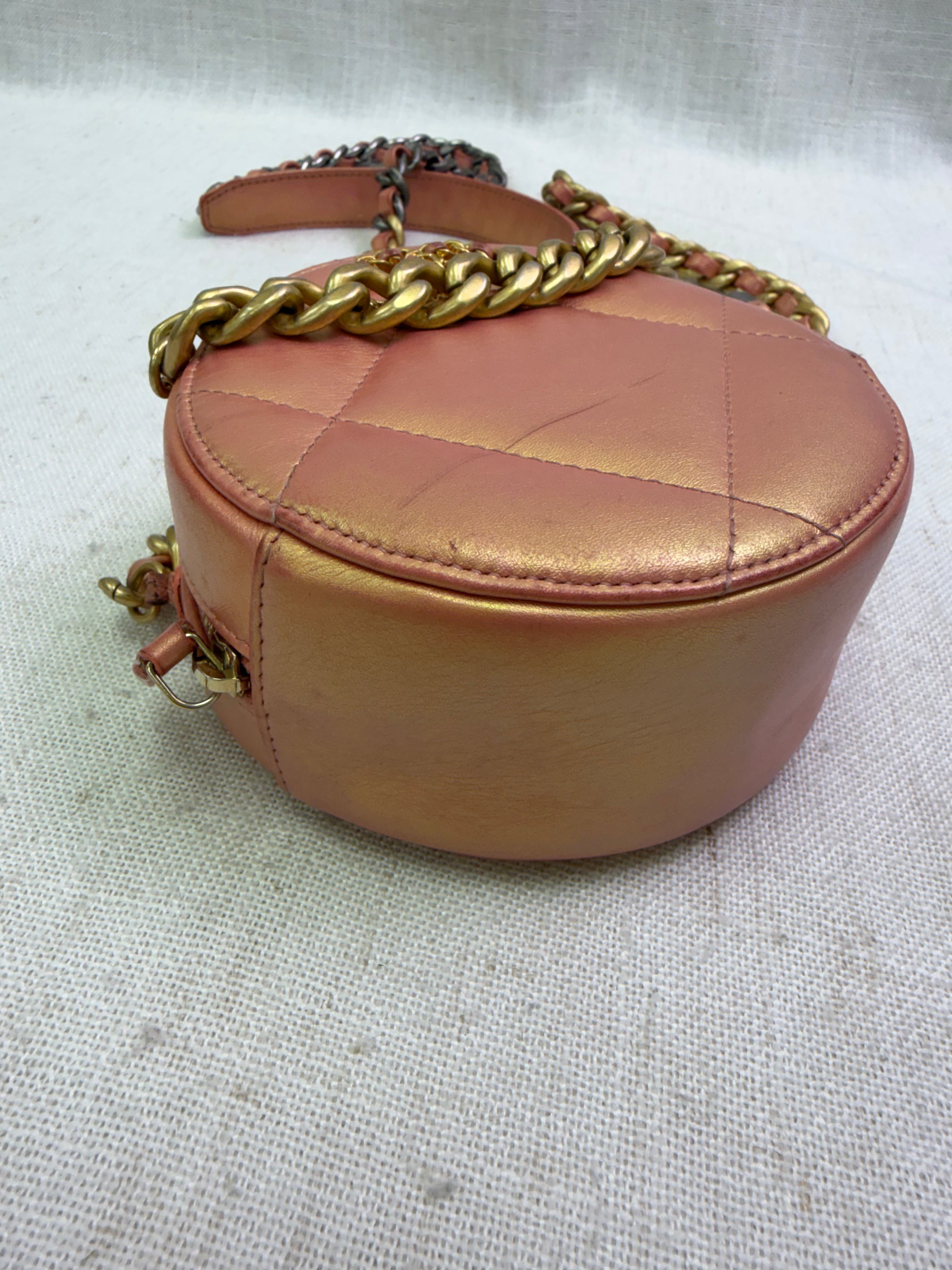 Chanel Pink Iridescent Chanel 19 Round Clutch on a Chain
