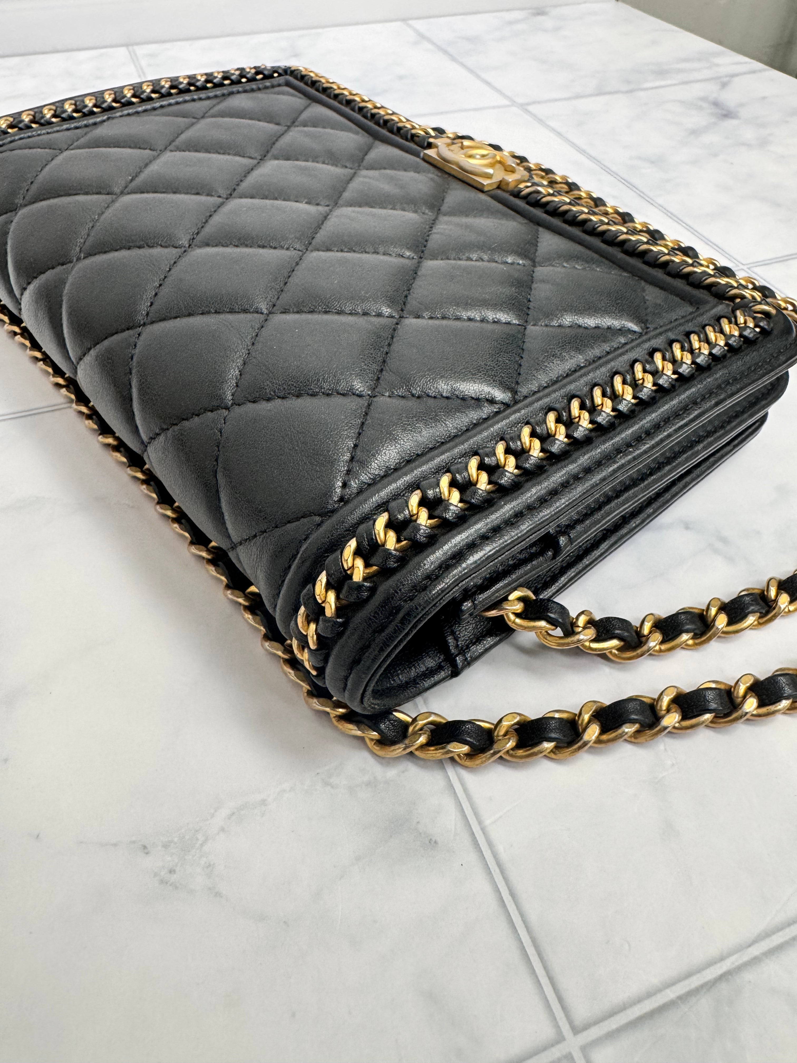 *DONS DROP* Chanel Black Quilted Leather Boy Wallet On A Chain