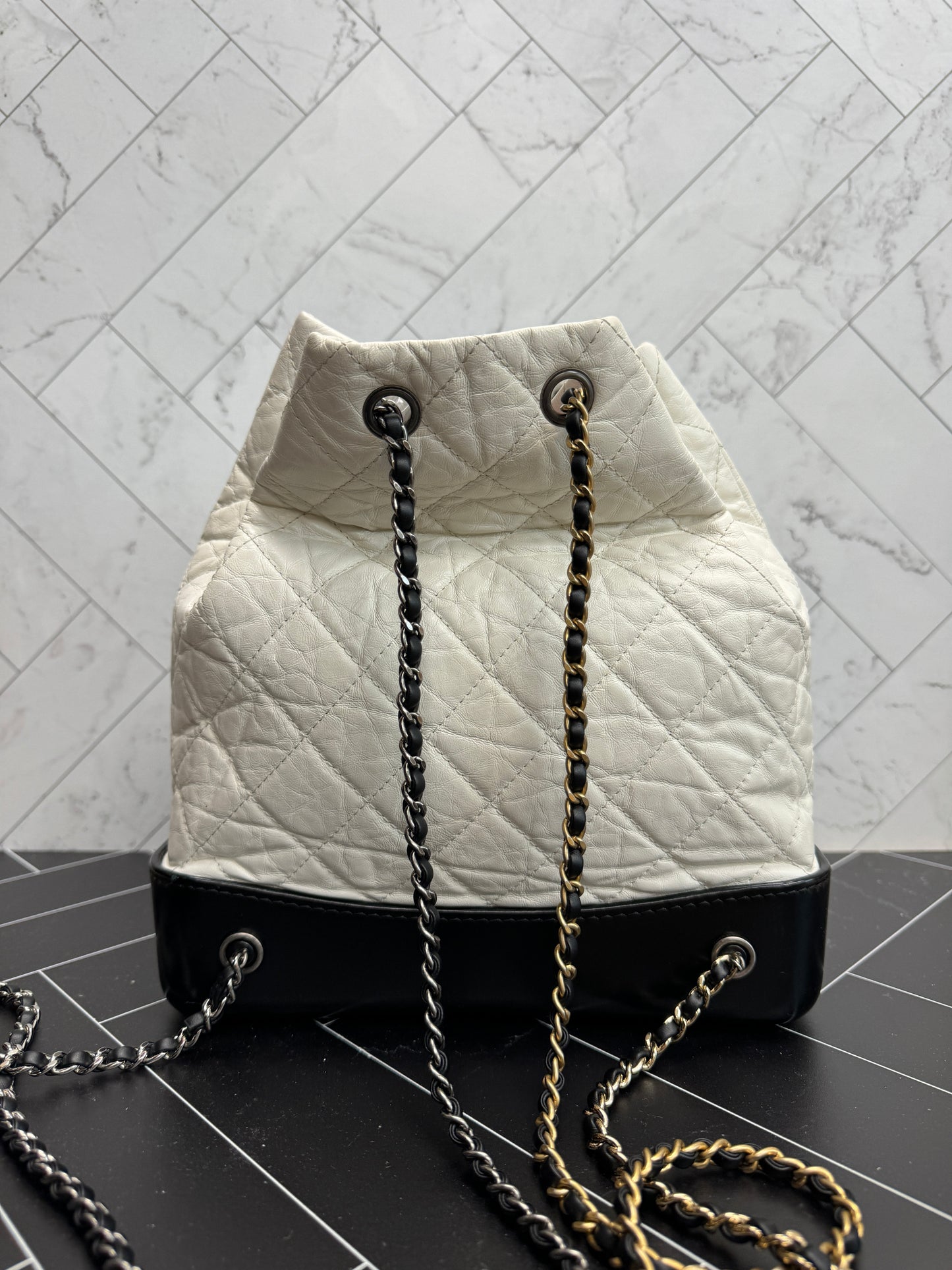 Chanel Gabrielle White Calfskin Leather 2 tone Backpack