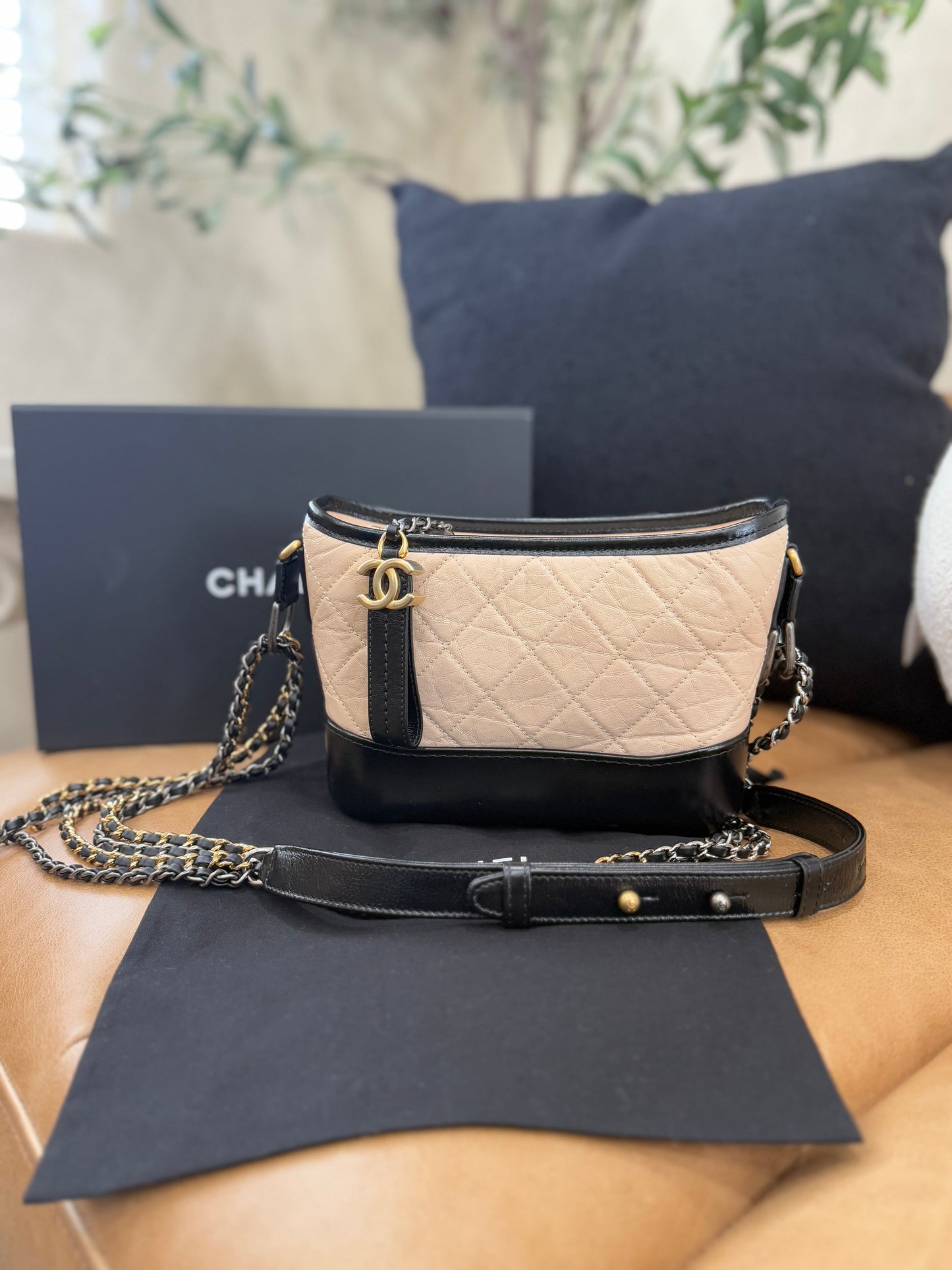 LIKE NEW Chanel Beige & Black Quilted Lambskin Gabrielle Small Crossbody Bag