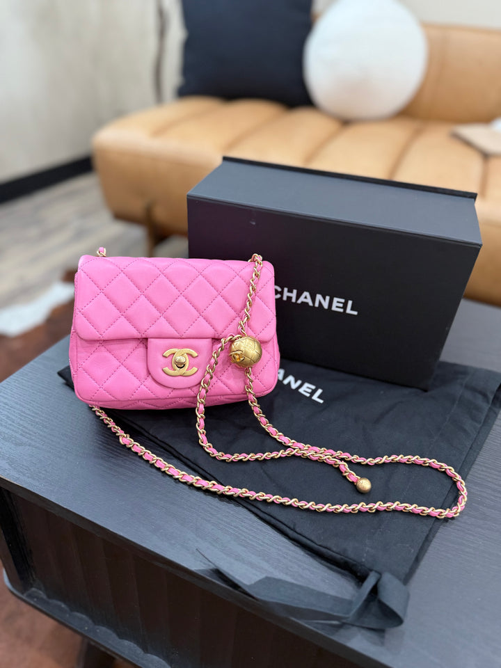 LIKE NEW- Chanel Pink Quilted Lambskin Mini Square Pearl Crush Flap Bag