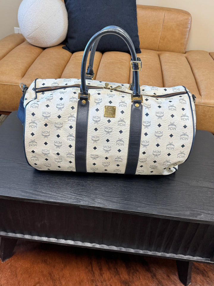 MCM White & Navy Visetos Leather Boston Duffle Bag