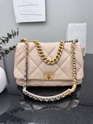 Chanel Beige Diamond Quilted Leather Chanel 19 Maxi Flap Bag
