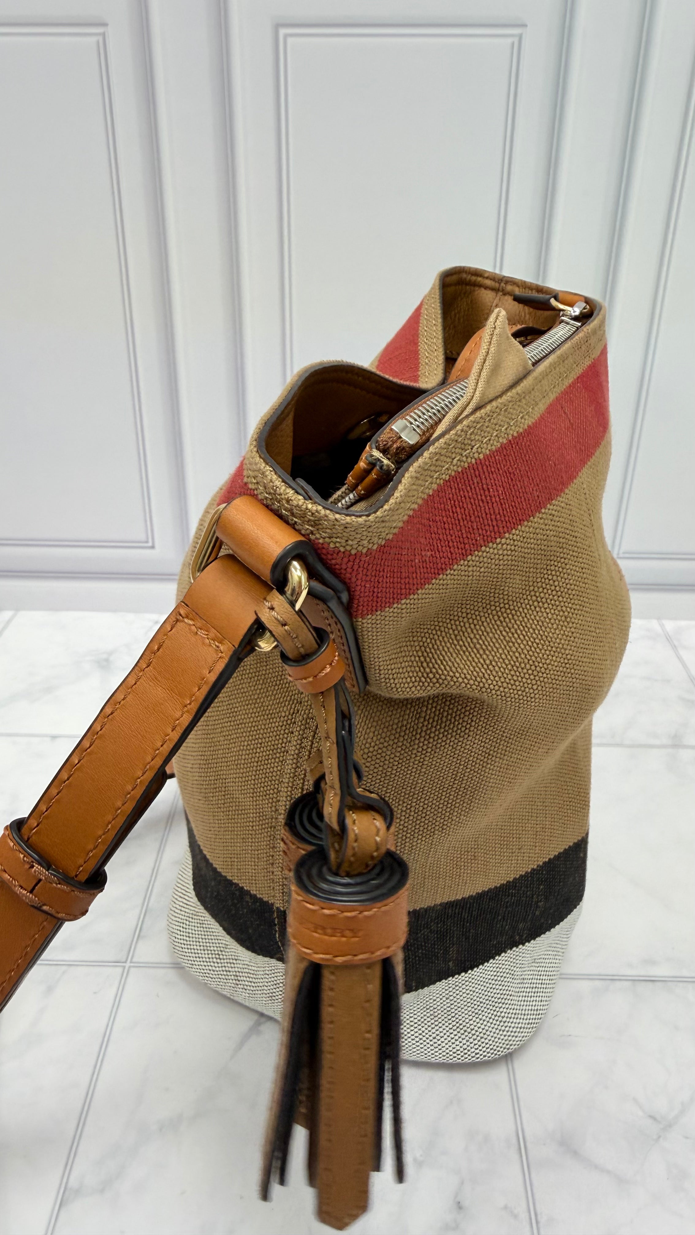 Burberry Beige Mega Check Canvas Bucket Bag & Pouch