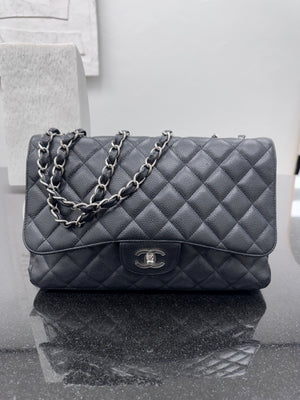 Chanel Black Quilted Caviar Leather Jumbo Classic Double Flap Bag