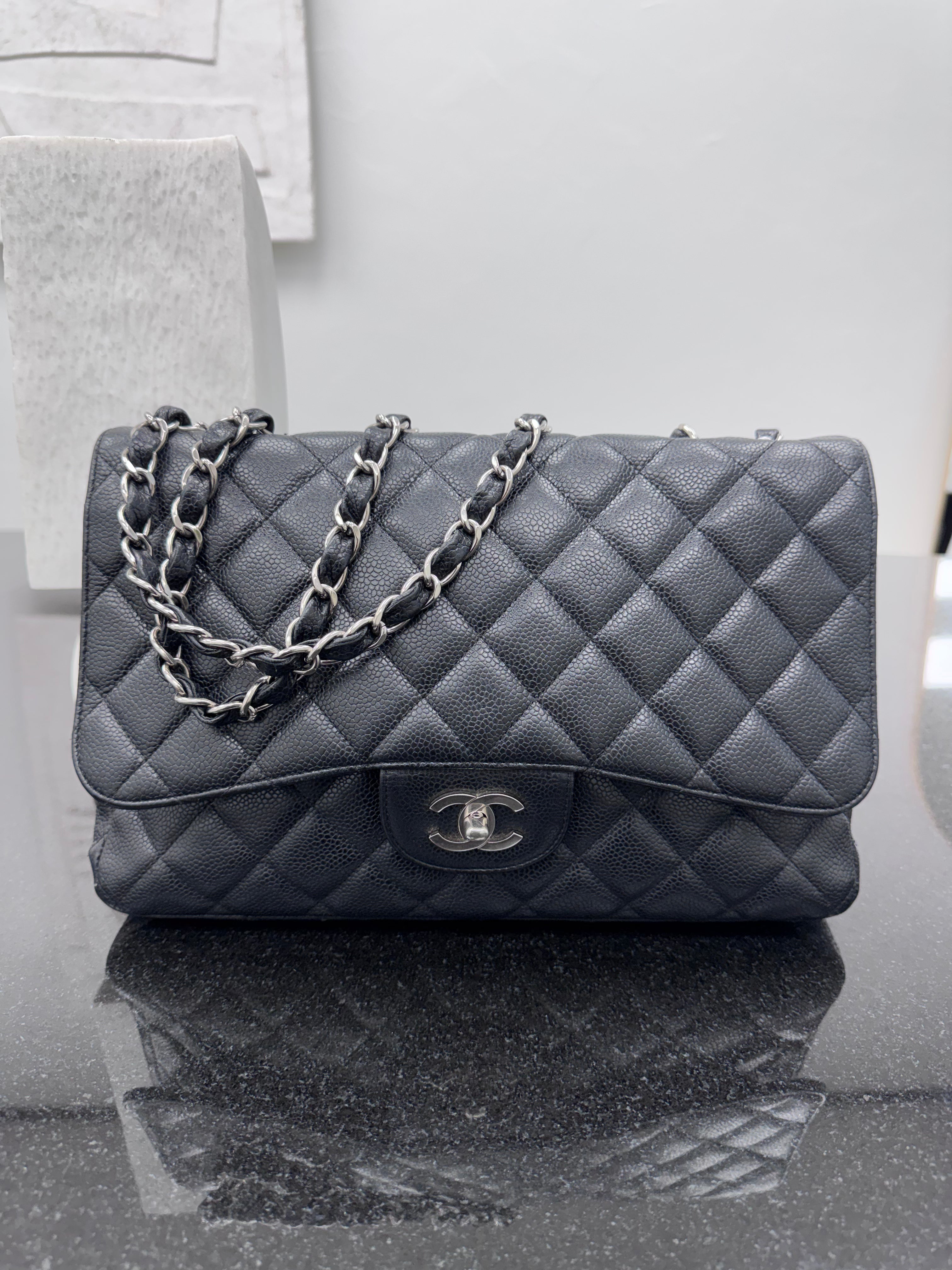 Chanel Black Quilted Caviar Leather Jumbo Classic Double Flap Bag