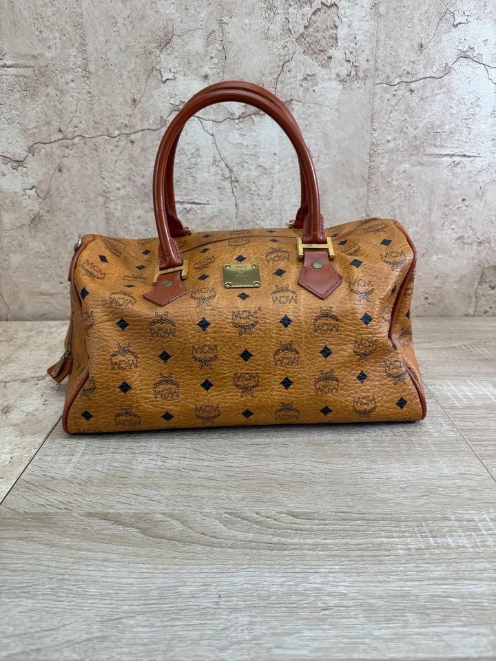 MCM Cognac Leather Visetos Boston Bag