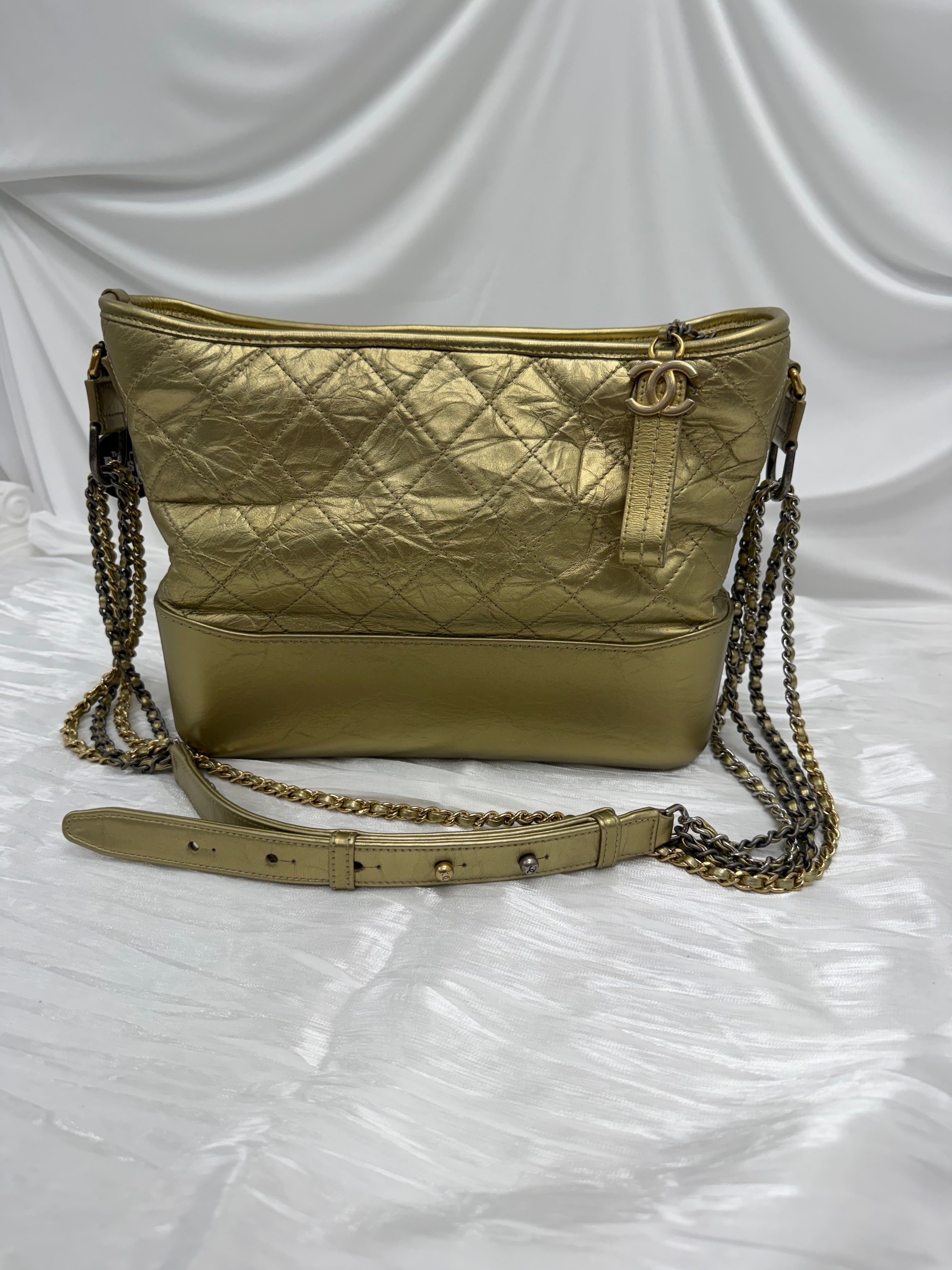 Chanel Metallic Gold Aged Quilted Calfskin Medium Gabrielle Hobo Bag