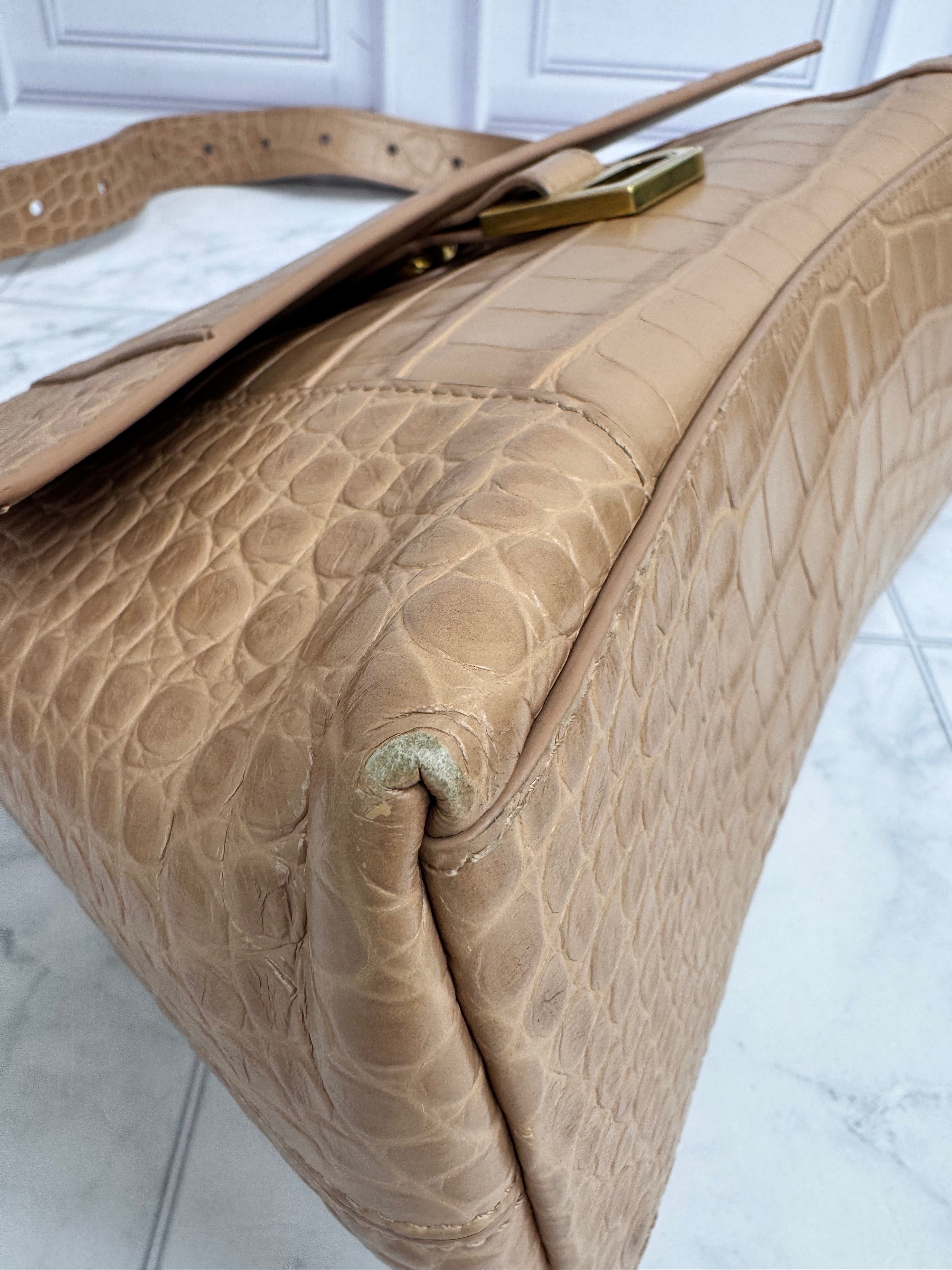 Balenciaga Beige Croc Embossed Downtown Shoulder Bag