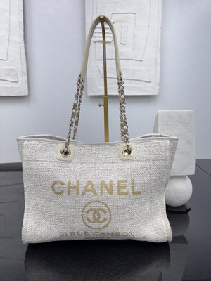 Chanel Ivory Tweed Deauville Small Shopping Tote Bag