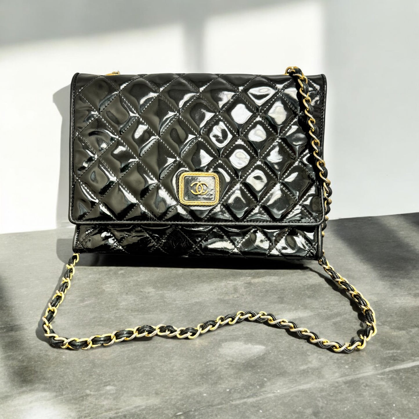 Chanel Vintage Black Quilted Patent Leather Shoulder Chain Bag