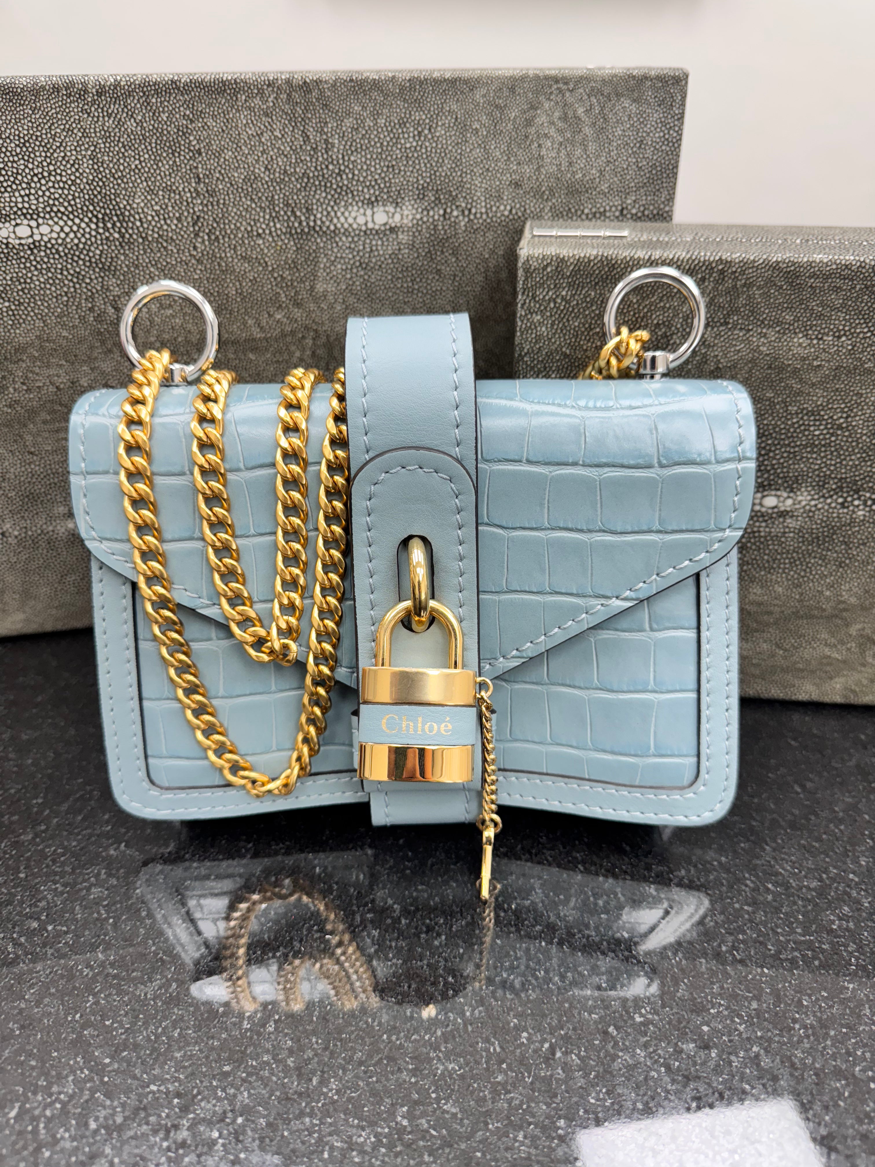LIKE NEW - Chloe Blue Croc Embossed Leather Chain Shoulder Bag