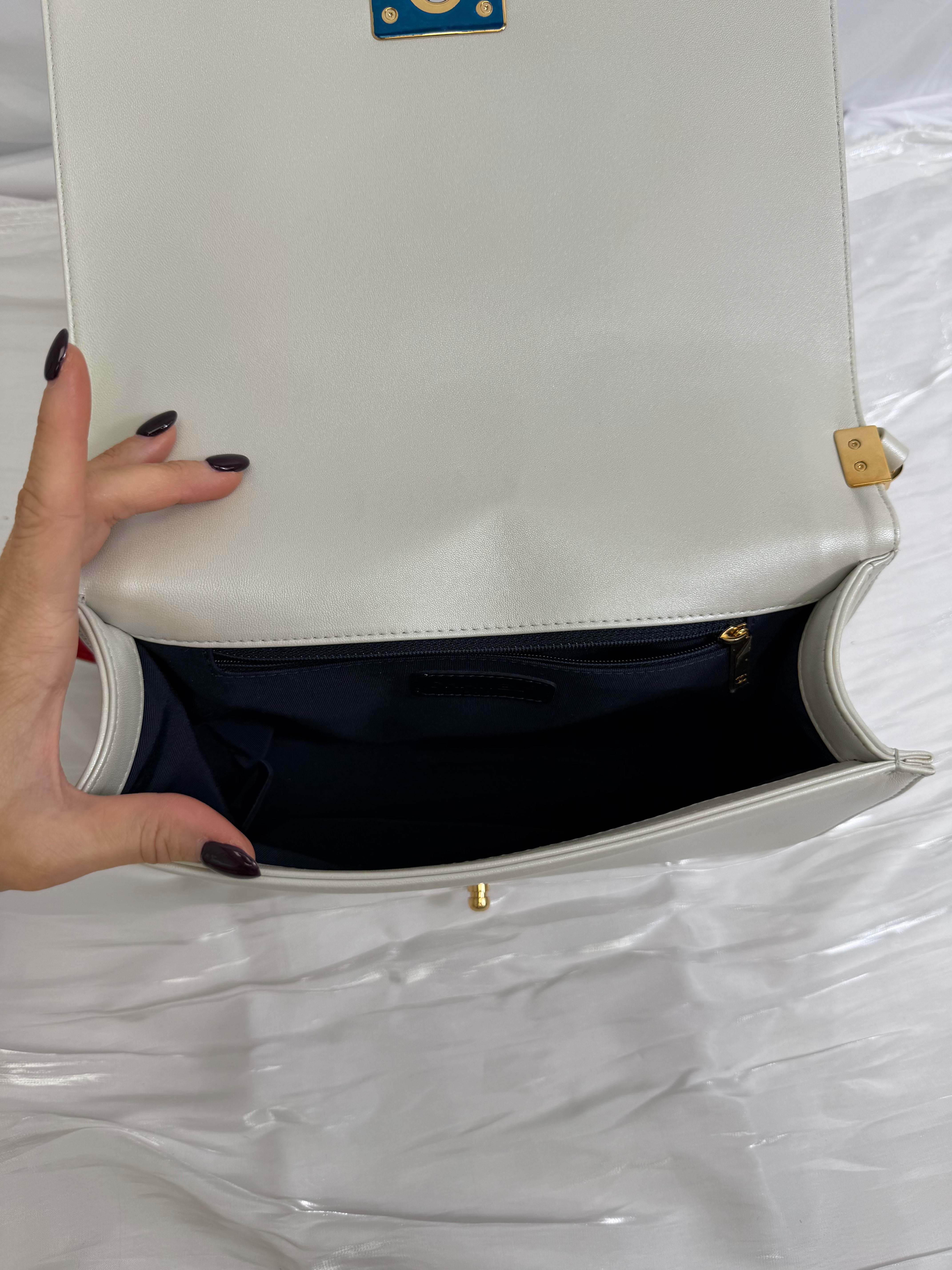 Chanel White Calfskin Cube Embossed Medium Boy Bag