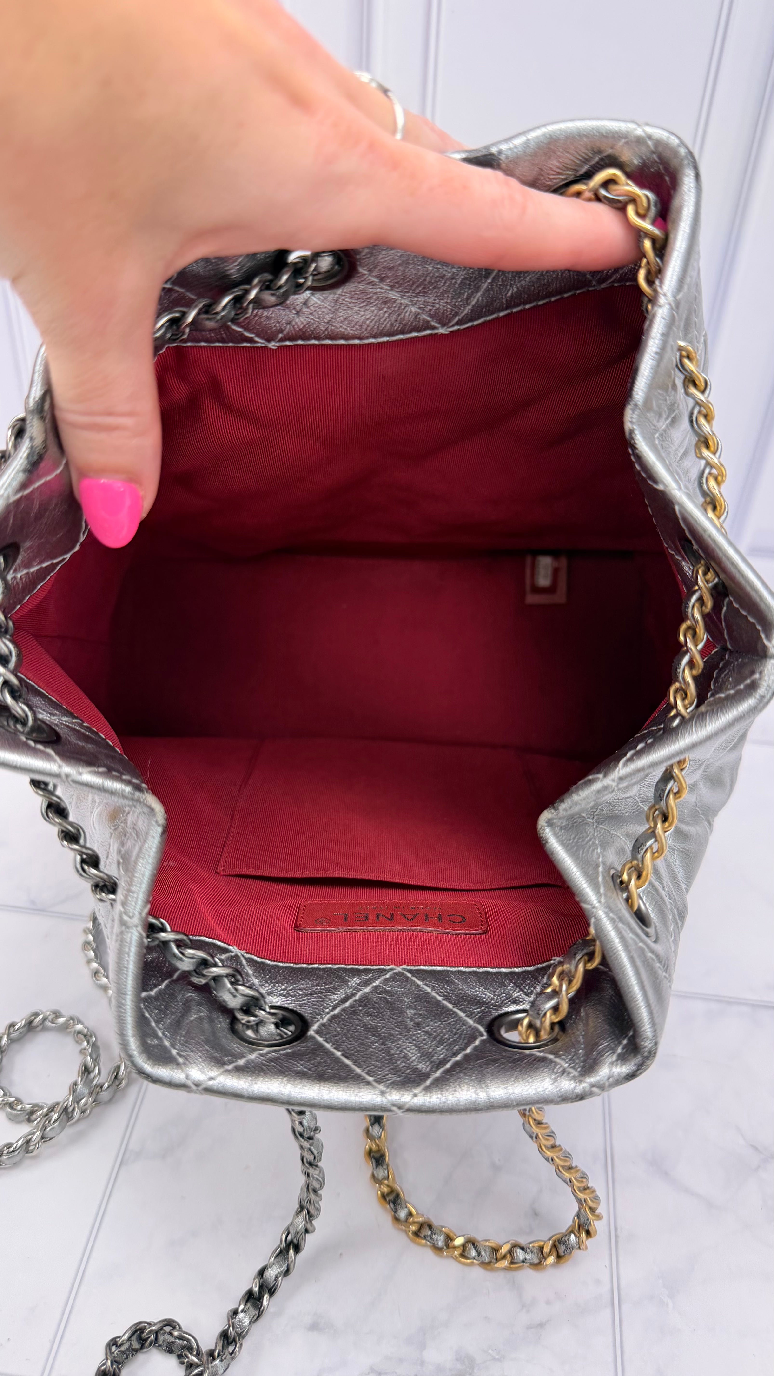 Chanel Silver Crumpled Calfskin Small Gabrielle Backpack