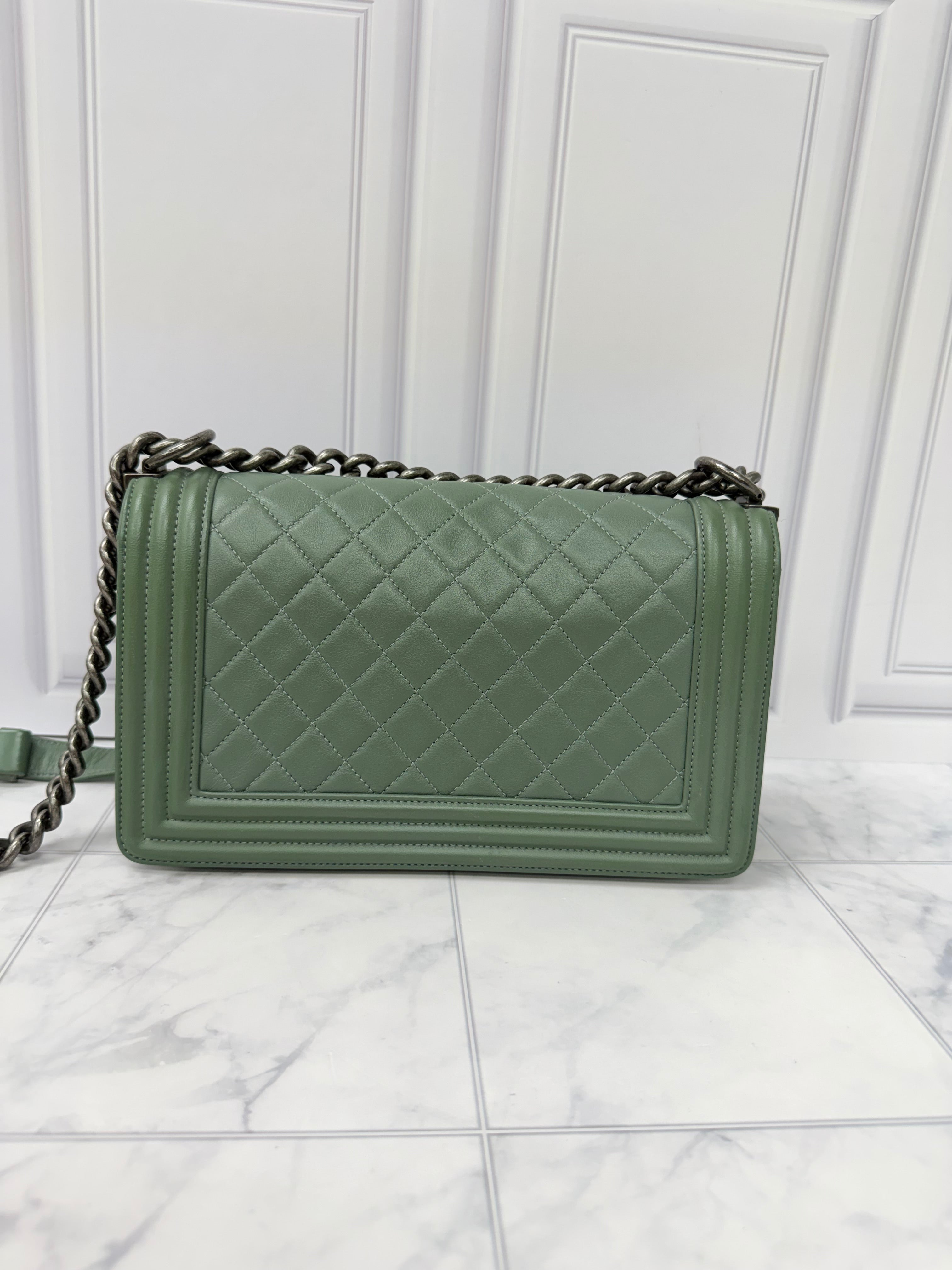 LIKE NEW - Chanel Sage Green Quilted Leather Medium  Boy Bag