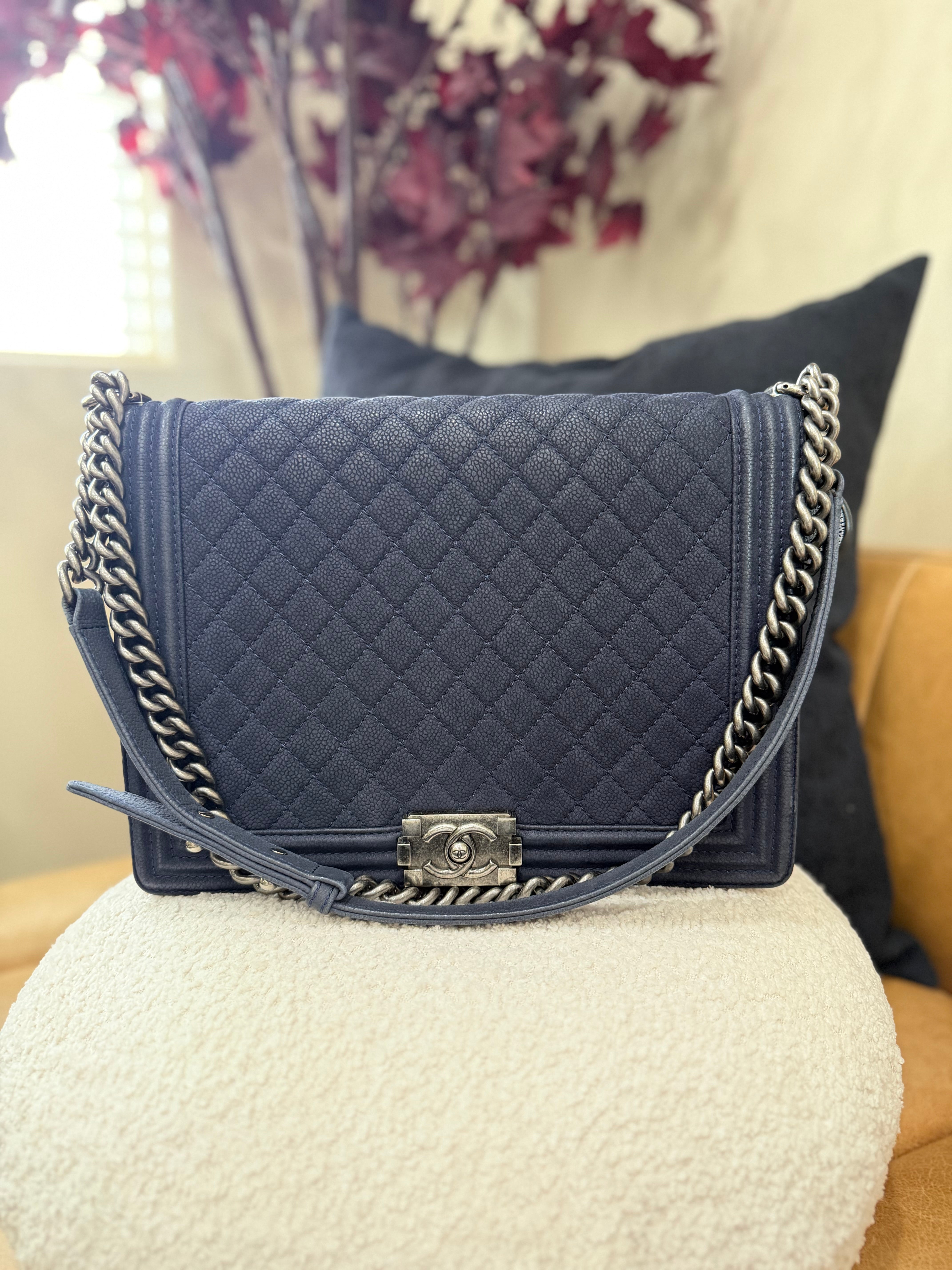 Chanel Navy Quilted Caviar Large Boy Bag