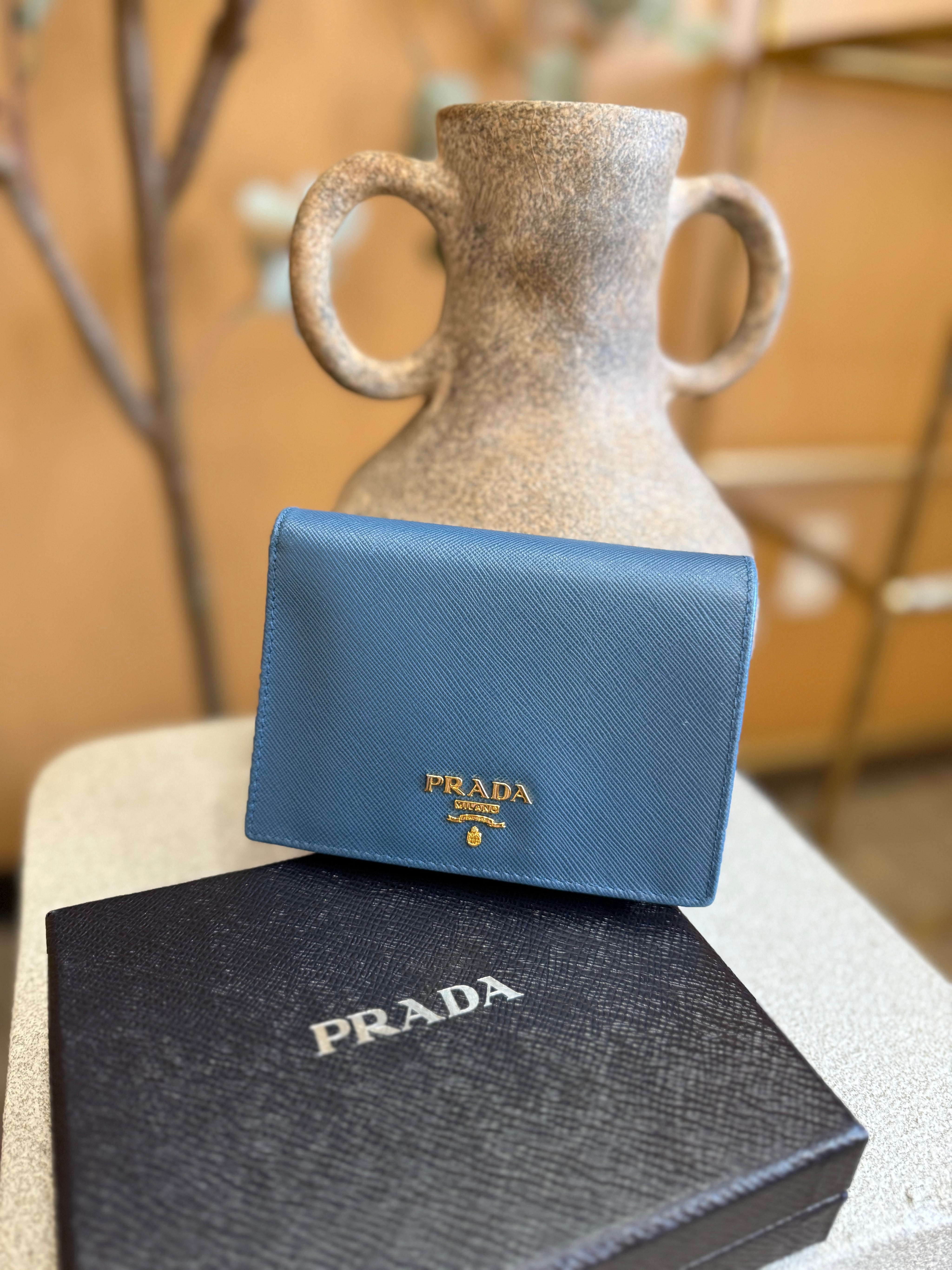 Prada Blue Saffiano Leather Compact Wallet