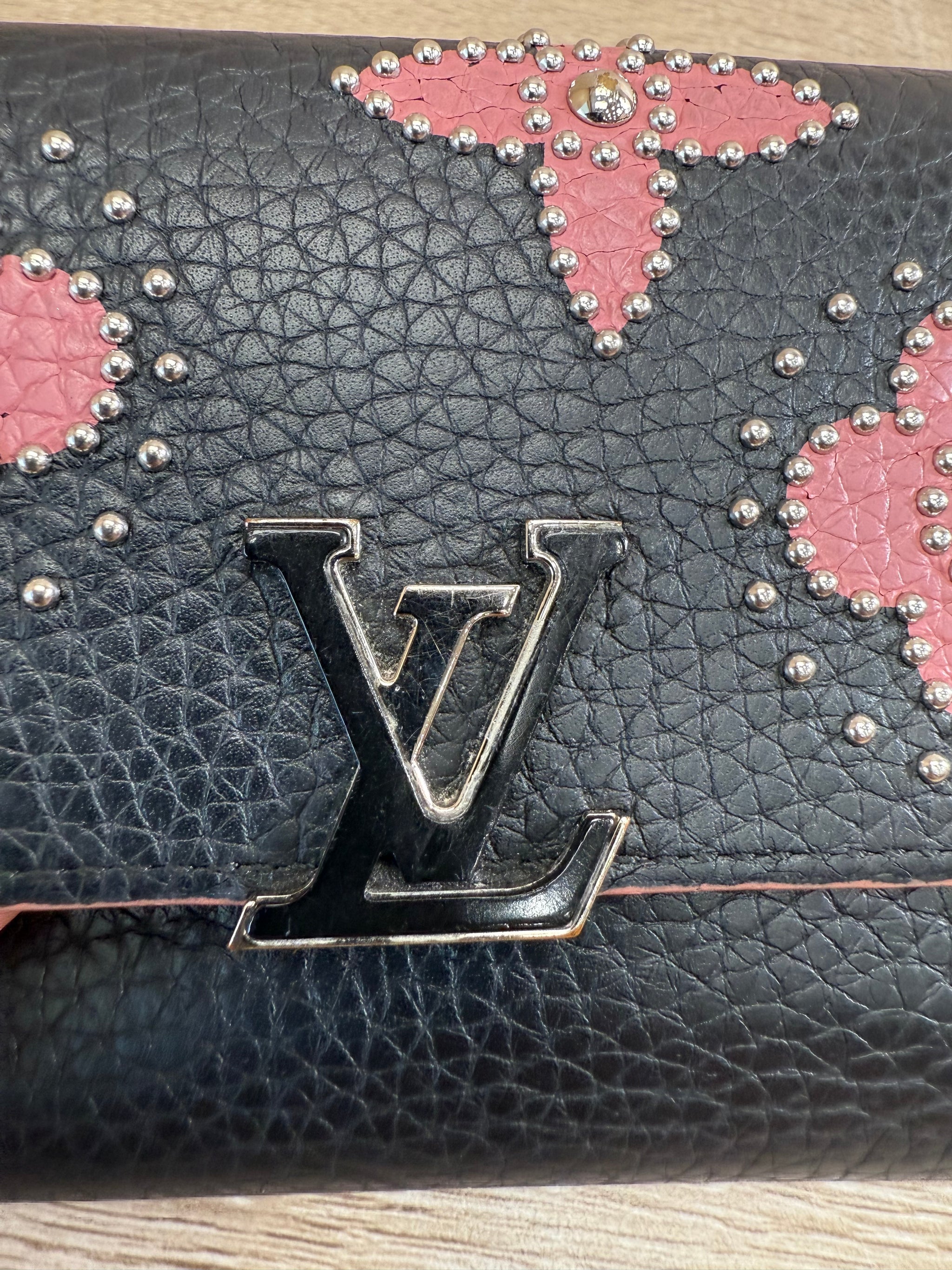 Louis Vuitton Black Leather Capucines Floral Compact Wallet