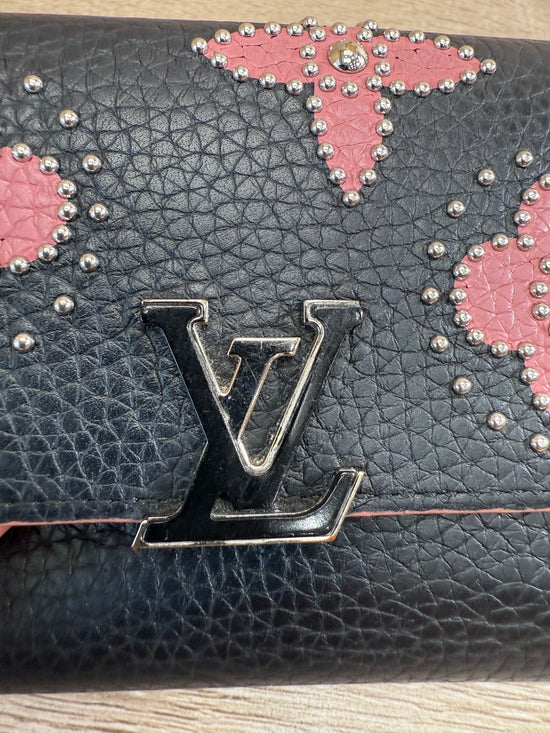 Louis Vuitton Black Leather Capucines Floral Compact Wallet