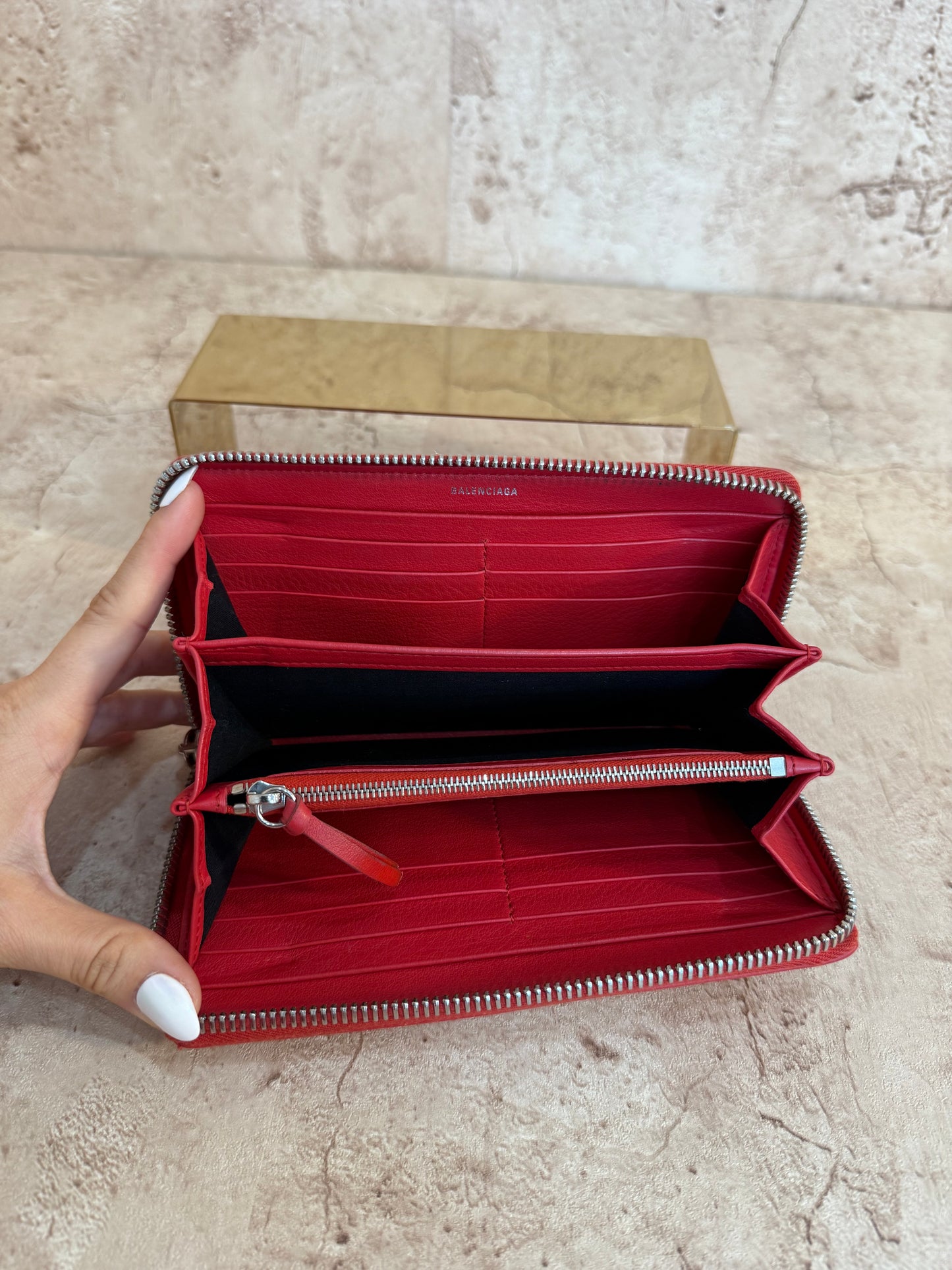 Balenciaga Red Calfskin Leather Zippy Wallet