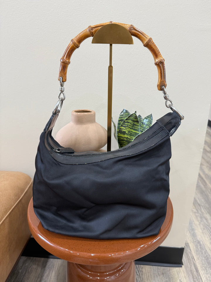 Gucci Black Canvas Bamboo Handle Shoulder Bag