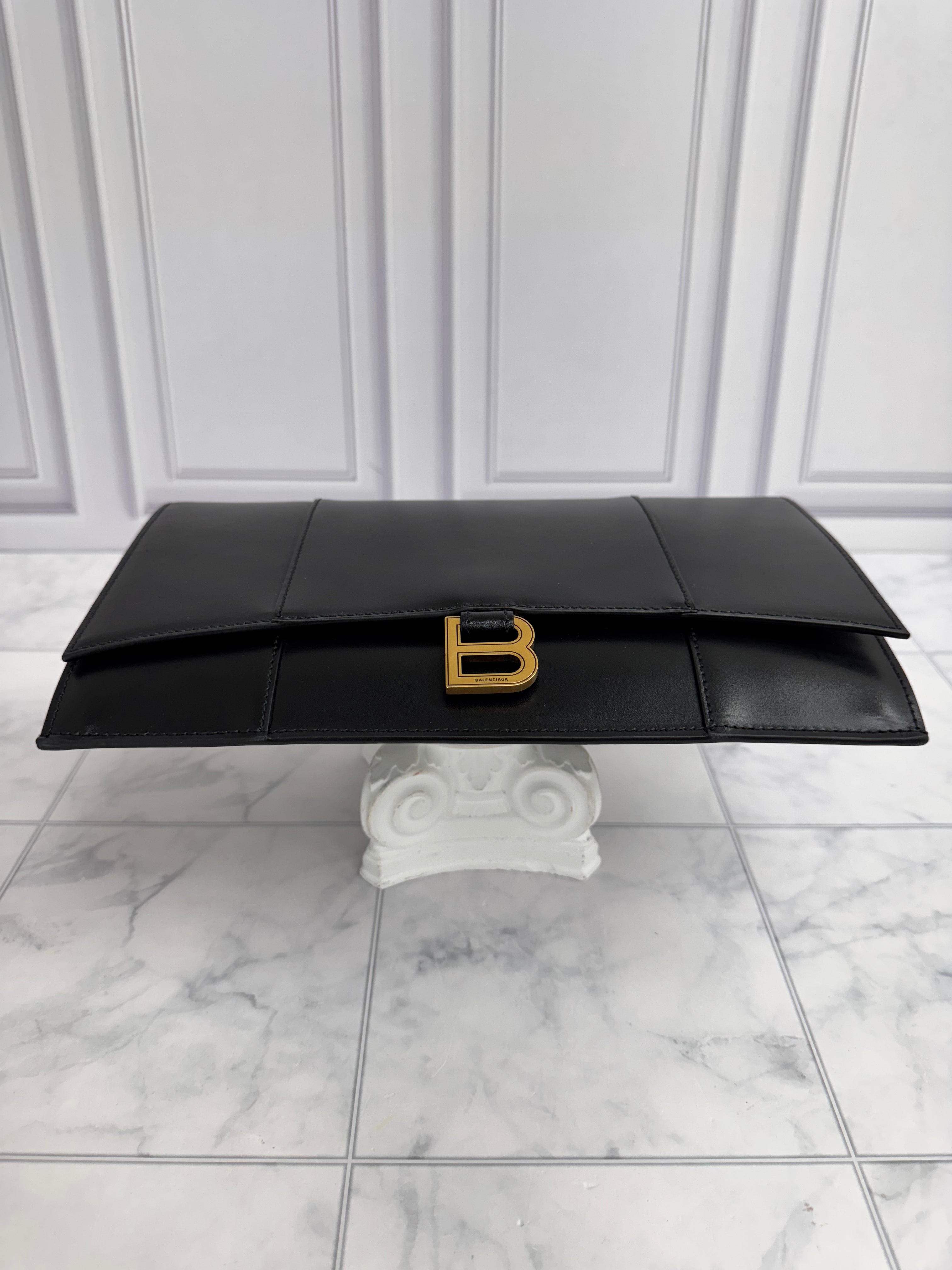 Balenciaga Black Leather Flat Hourglass Clutch
