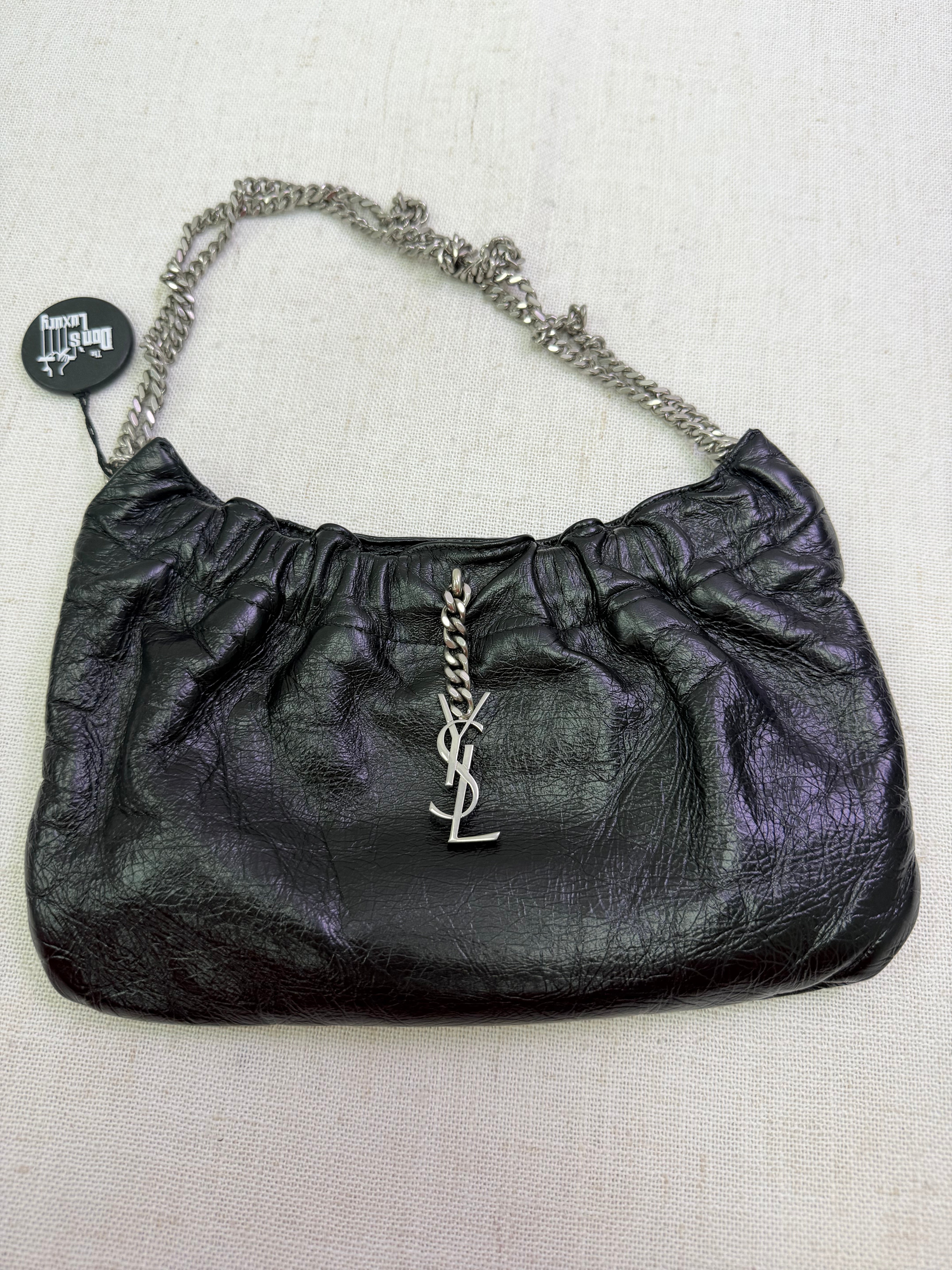 Saint Laurent YSL Black Crinkled Leather Pac Pac Ruched Hobo Bag