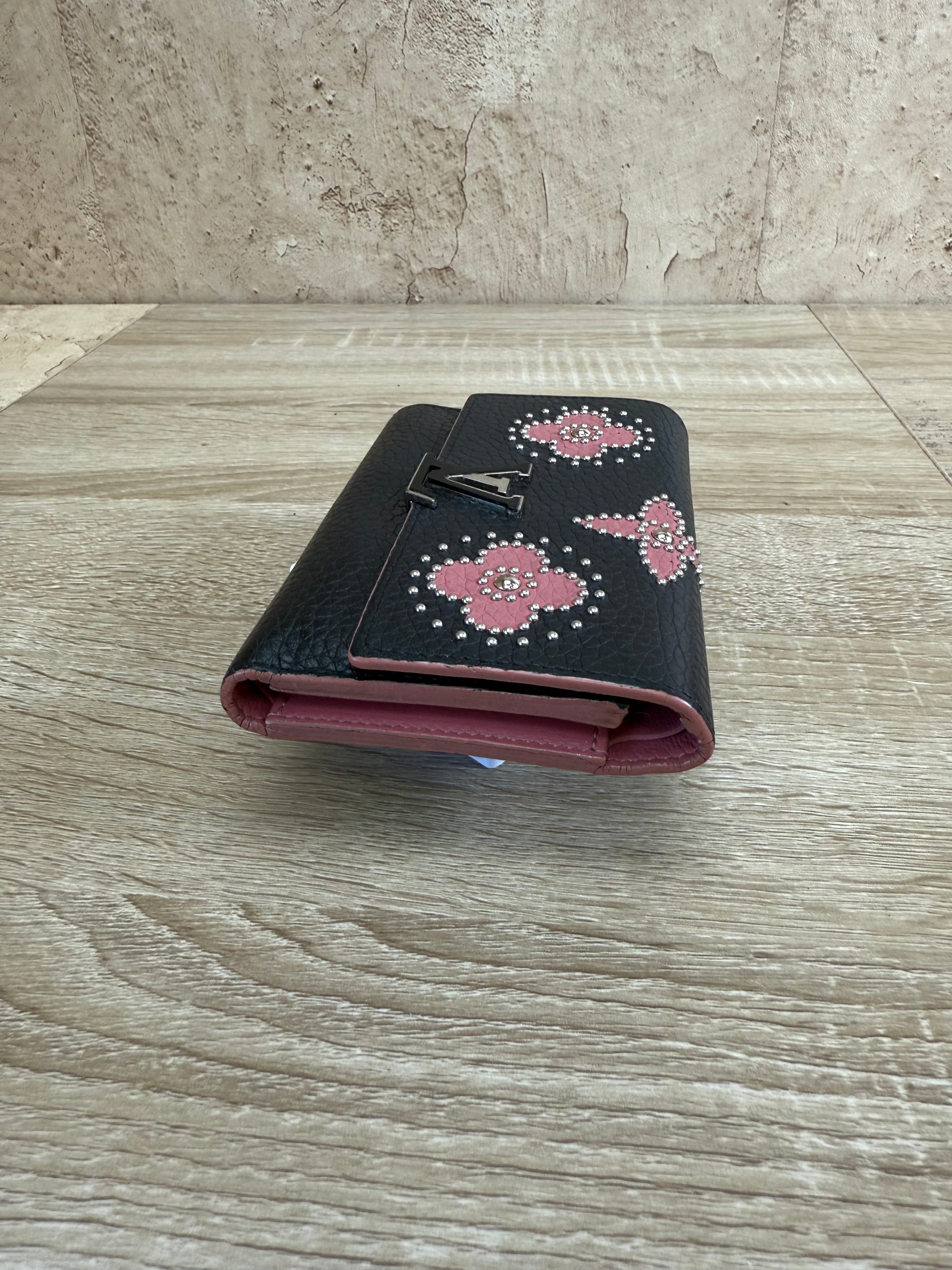 Louis Vuitton Black Leather Capucines Floral Compact Wallet