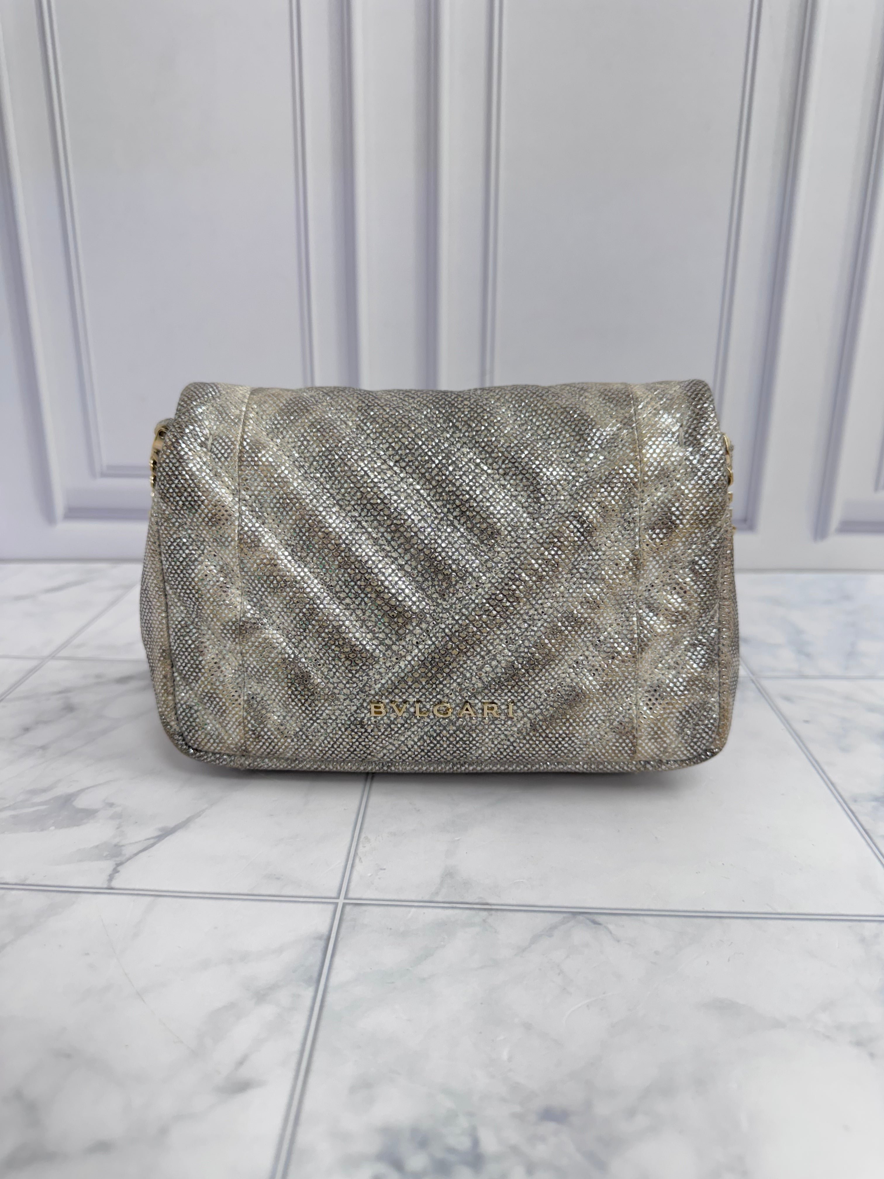 Bvlgari Silver Metallic Foiled Snake Skin Serpenti Cabochon Chain Shoulder Bag