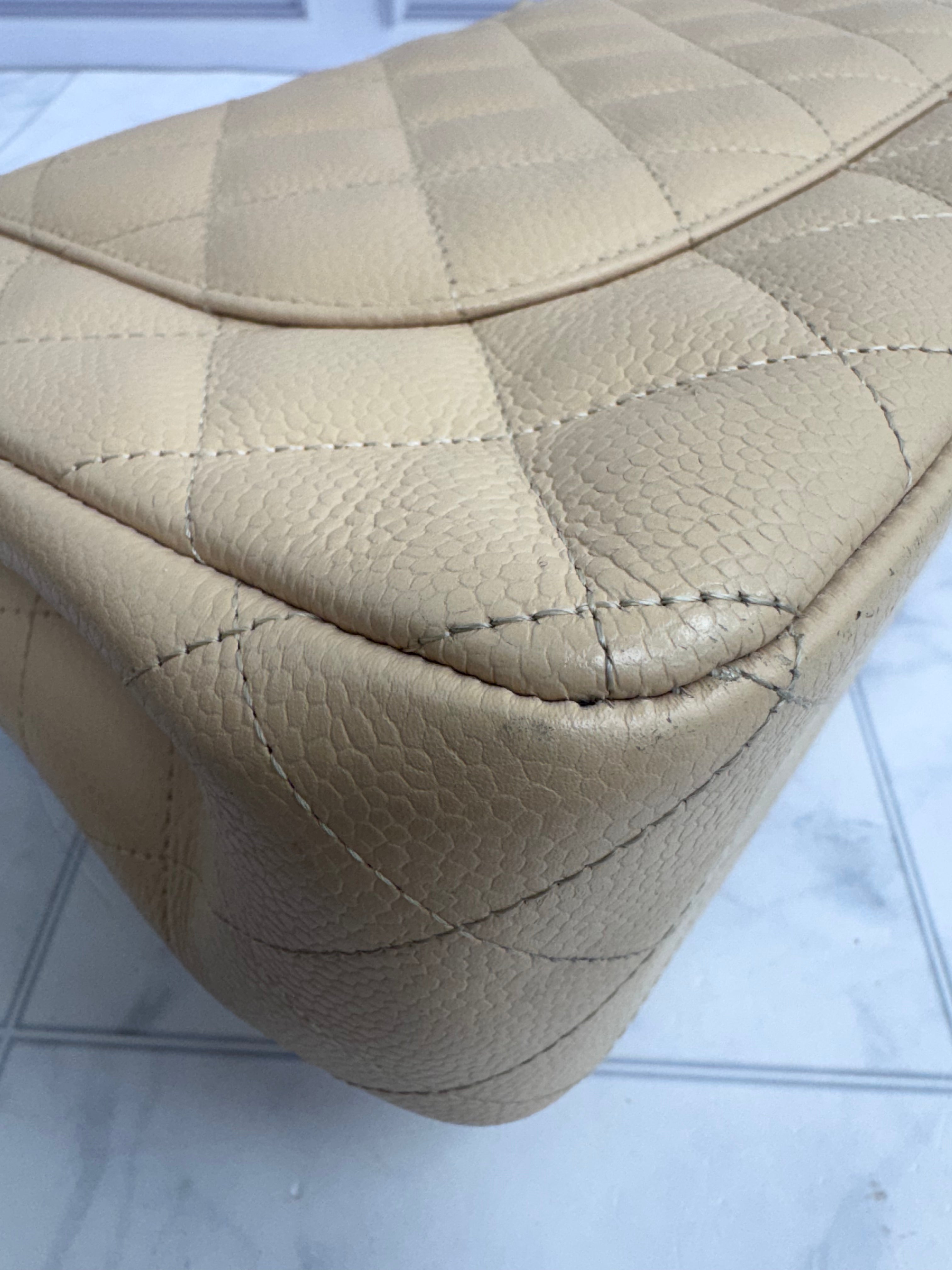 Chanel Beige Quilted Caviar Leather Jumbo Double Flap Bag