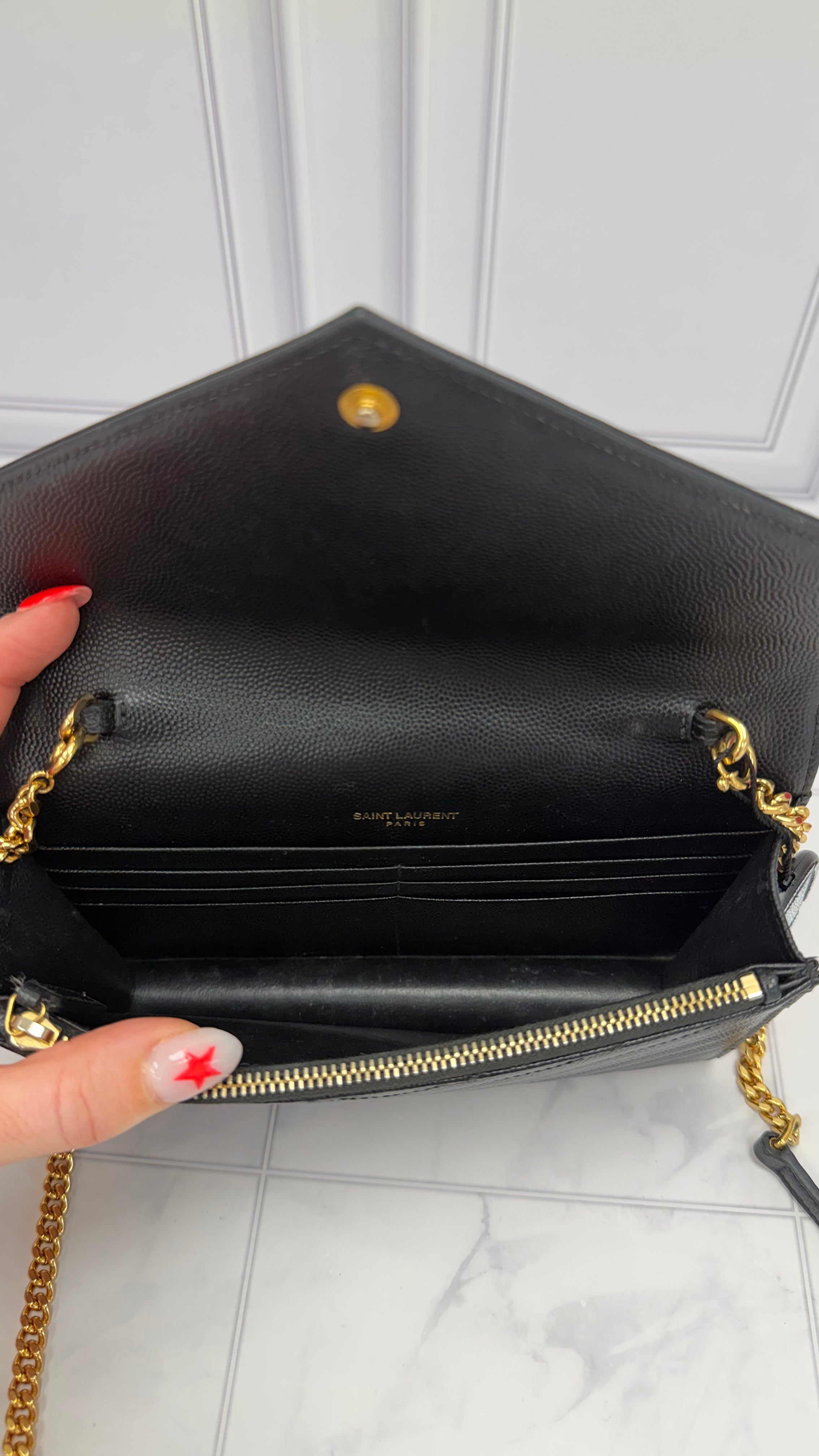 *DONS DROP* Saint Laurent YSL Black Grained Leather Cassandre Envelope Chain wallet