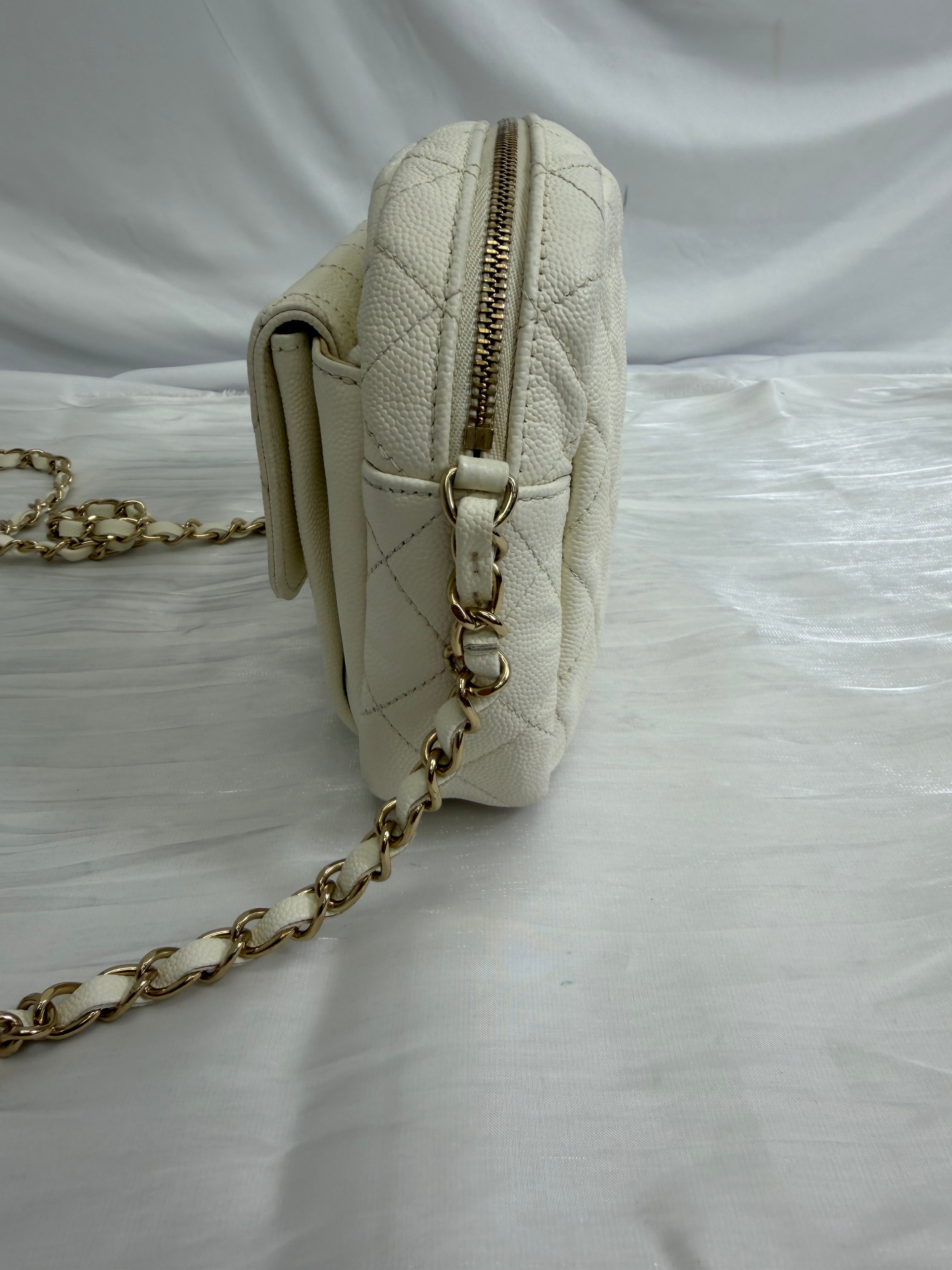 Chanel White Quilted Caviar CC Day Camera Case