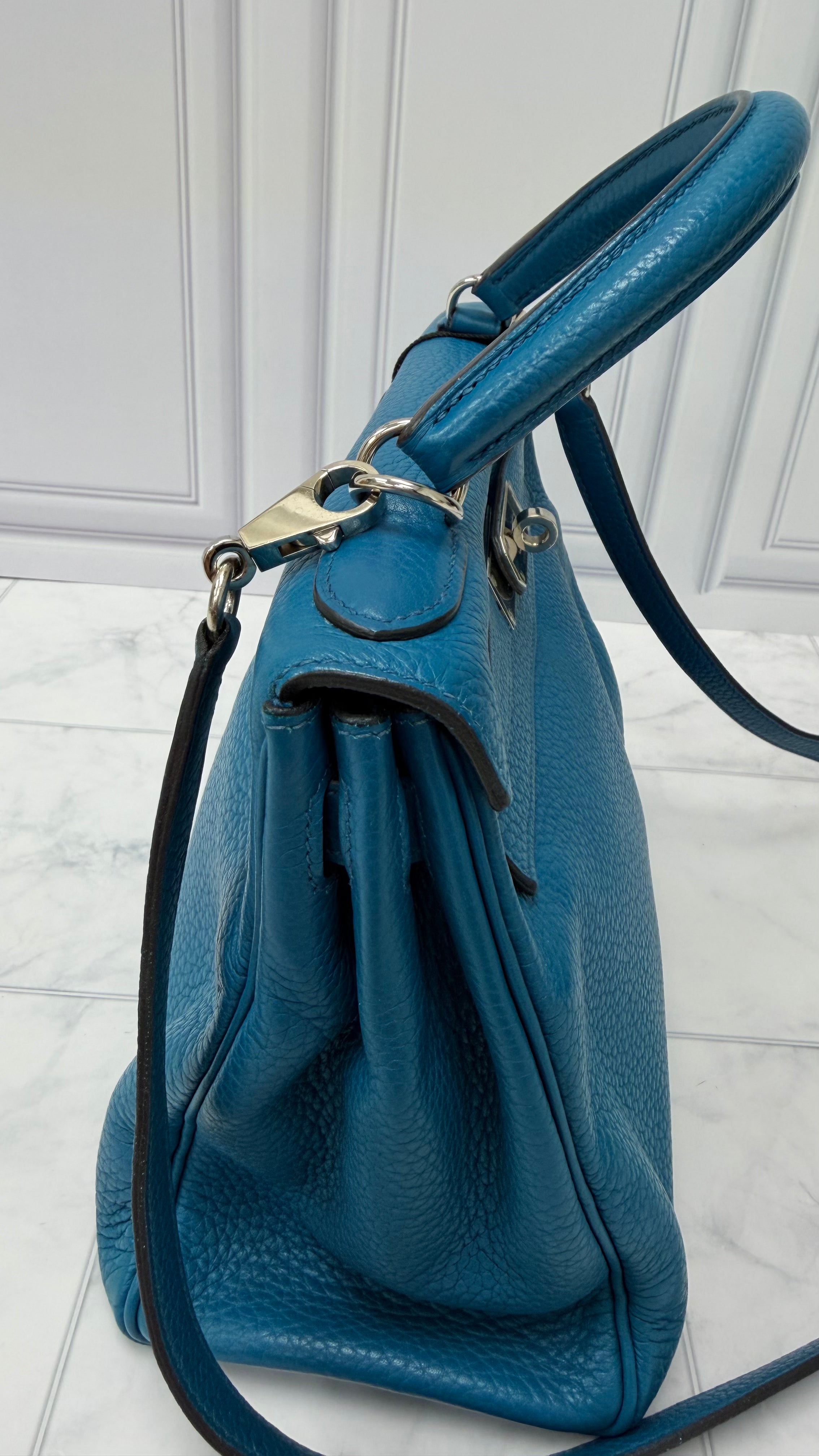 *DONS PRE DROP* Hermes Blue Taurillon Clemence Leather Kelly 28 Handbag