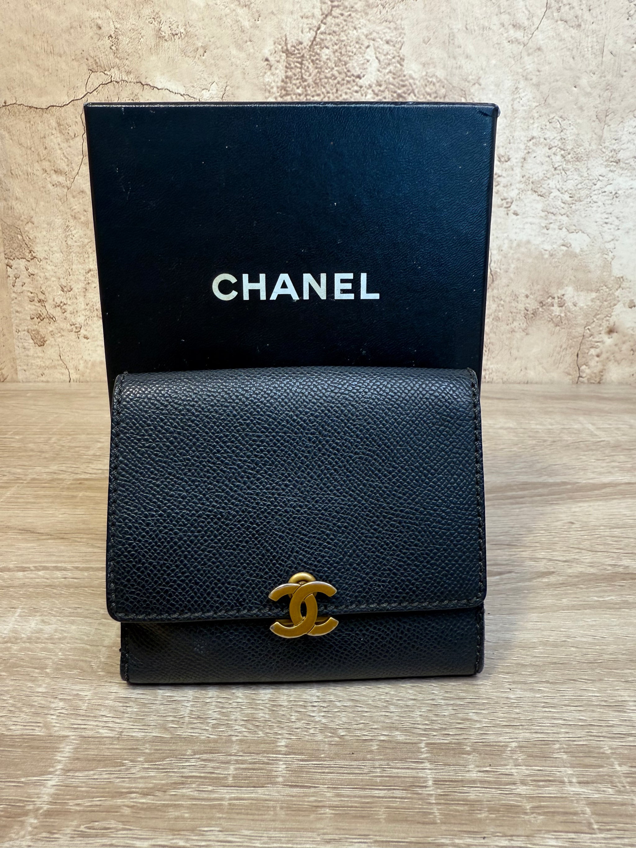 Chanel Vintage Black Caviar Trifold Compact Wallet