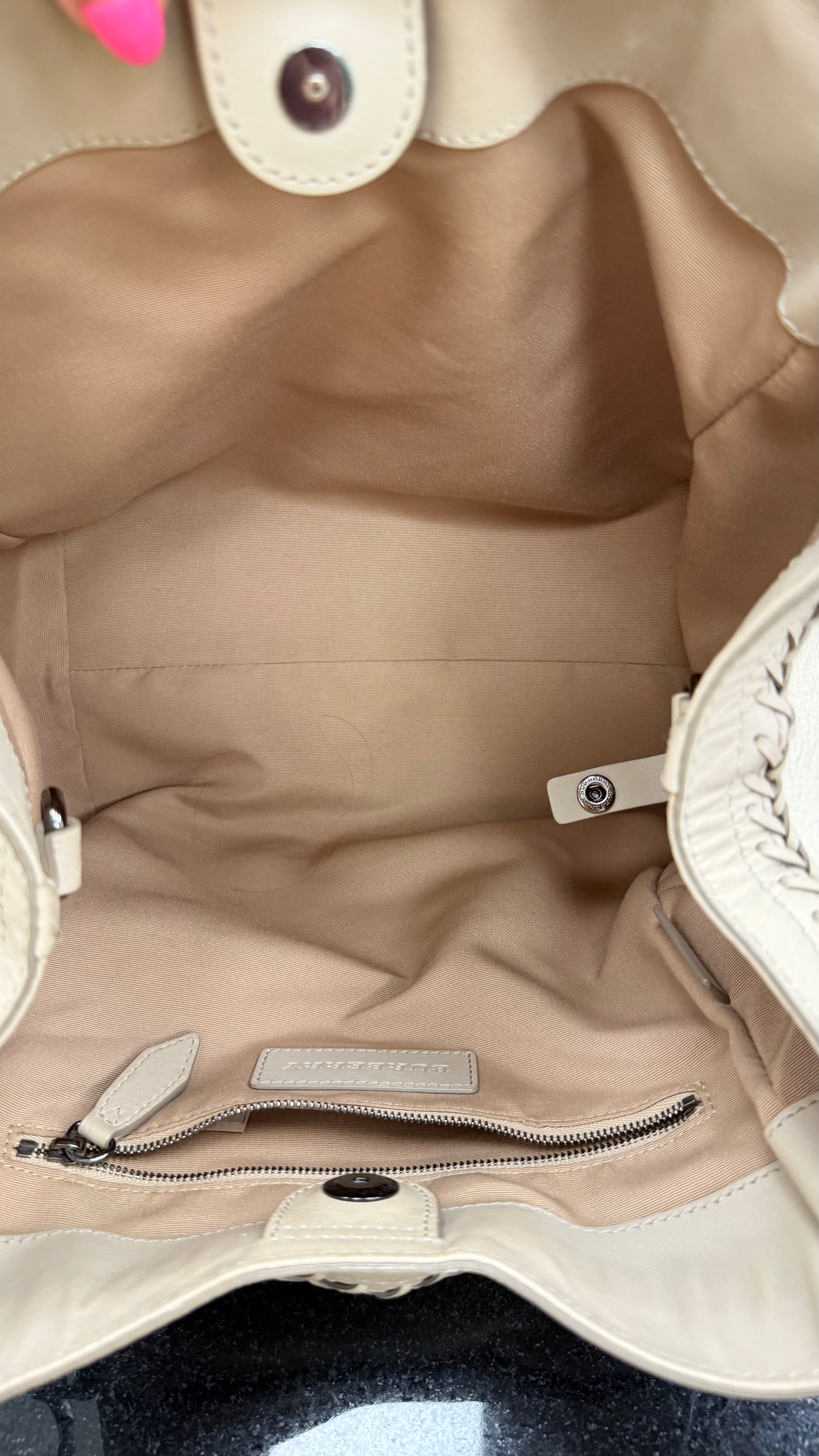 Burberry Beige Leather Woven Trim Tote Bag