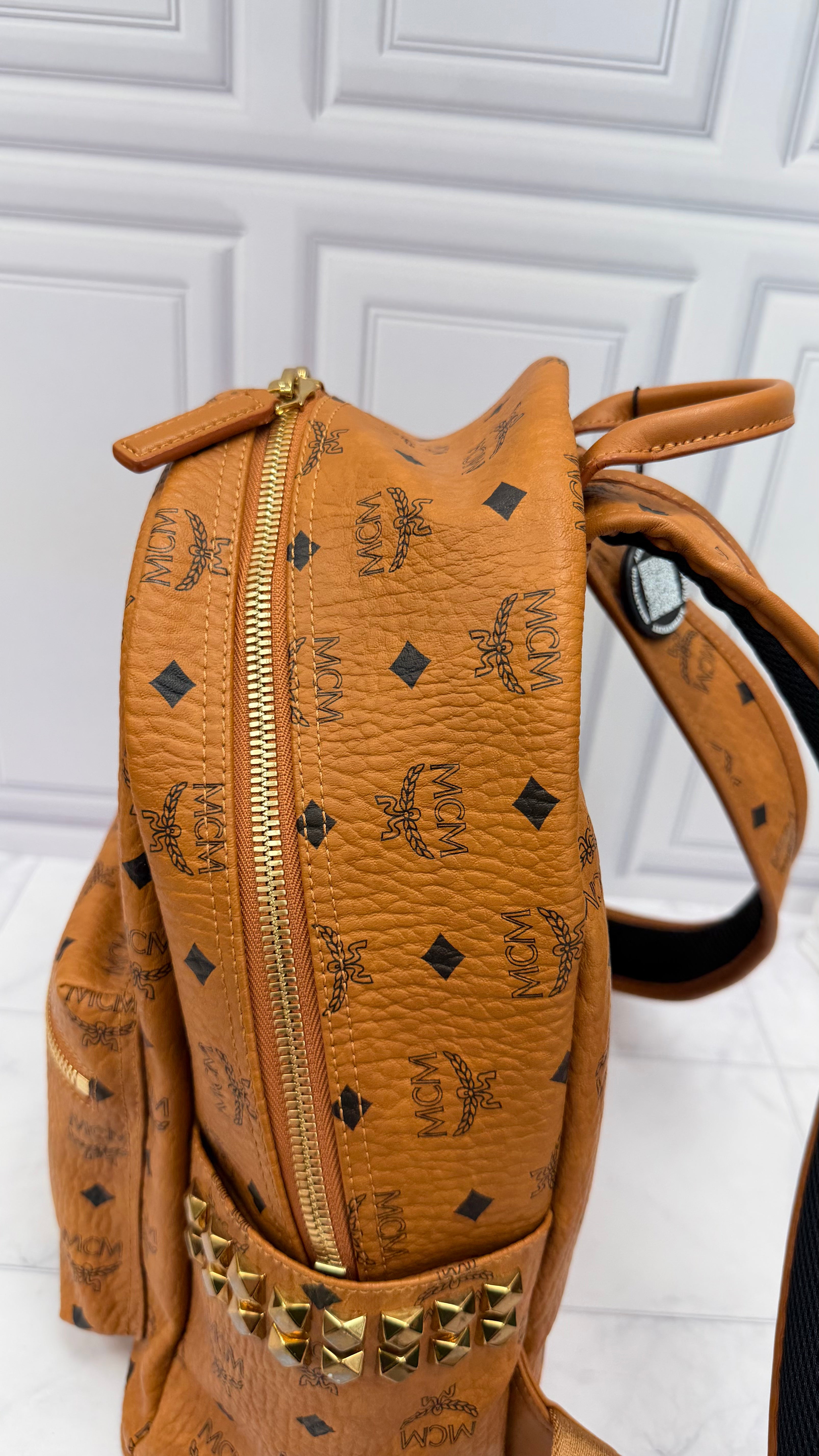 MCM Cognac Visetos Leather Side Studded Large Backpack