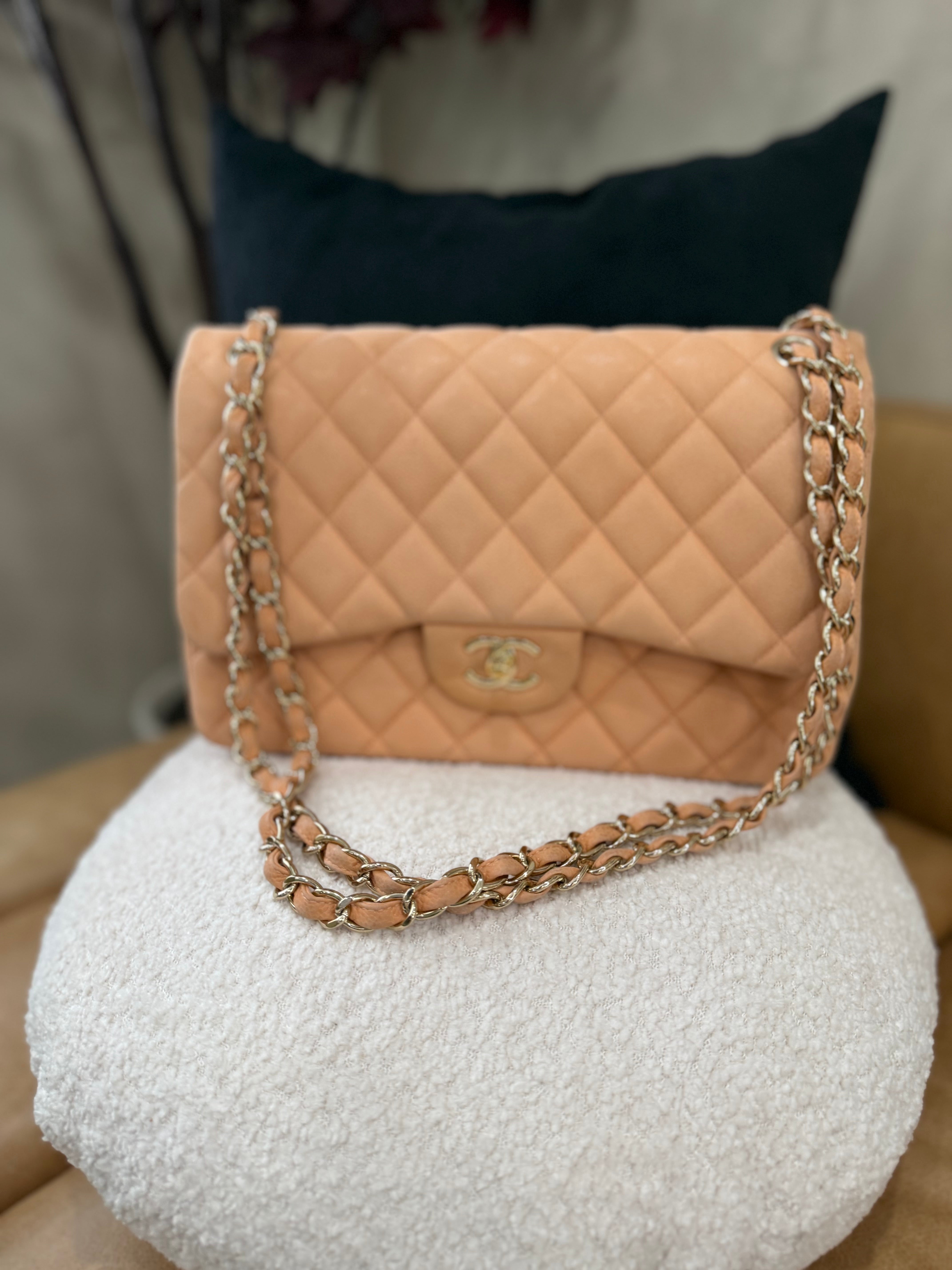 Chanel Peach Caviar Jumbo Double Flap Bag