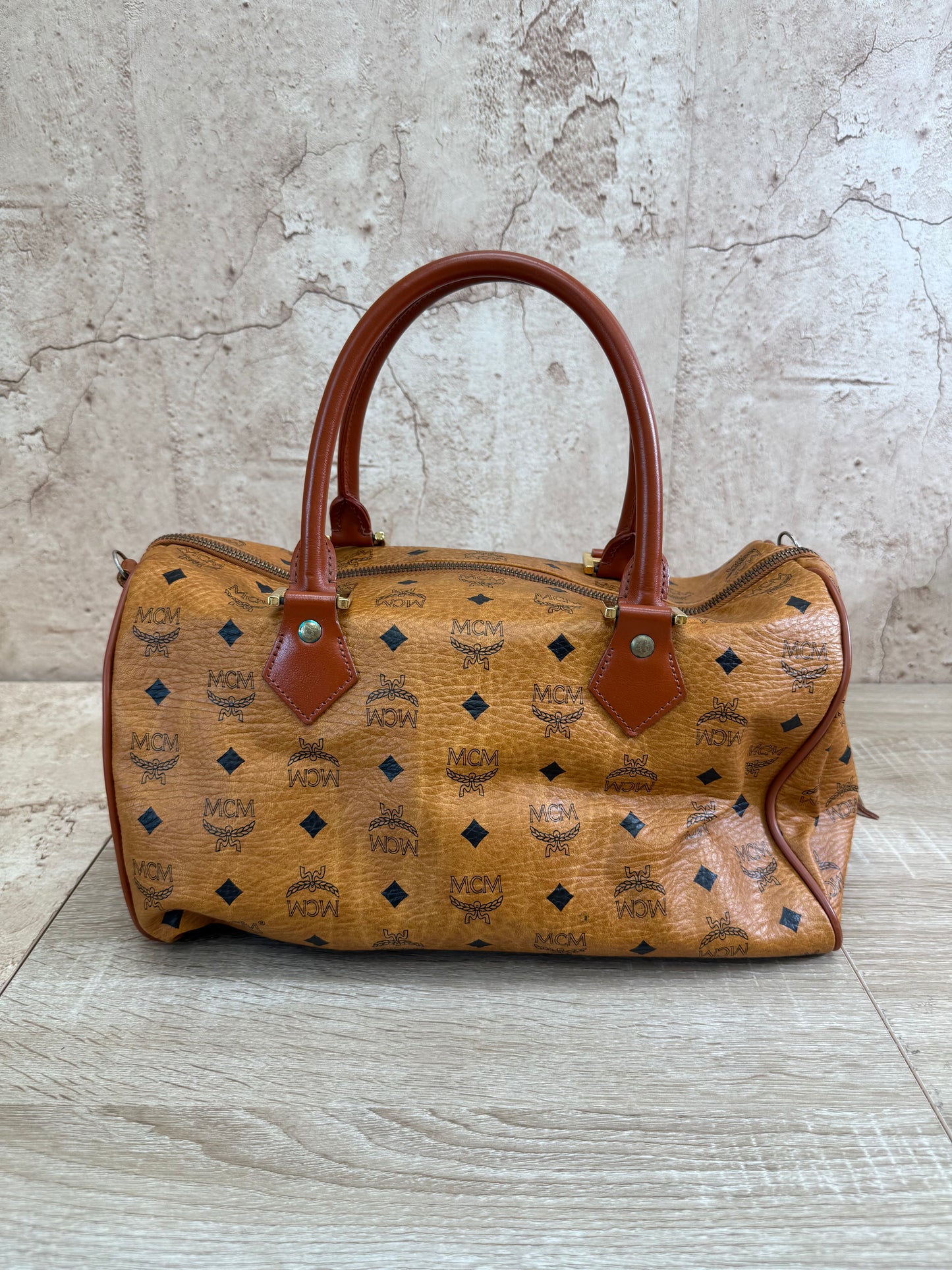 MCM Cognac Leather Visetos Boston Bag