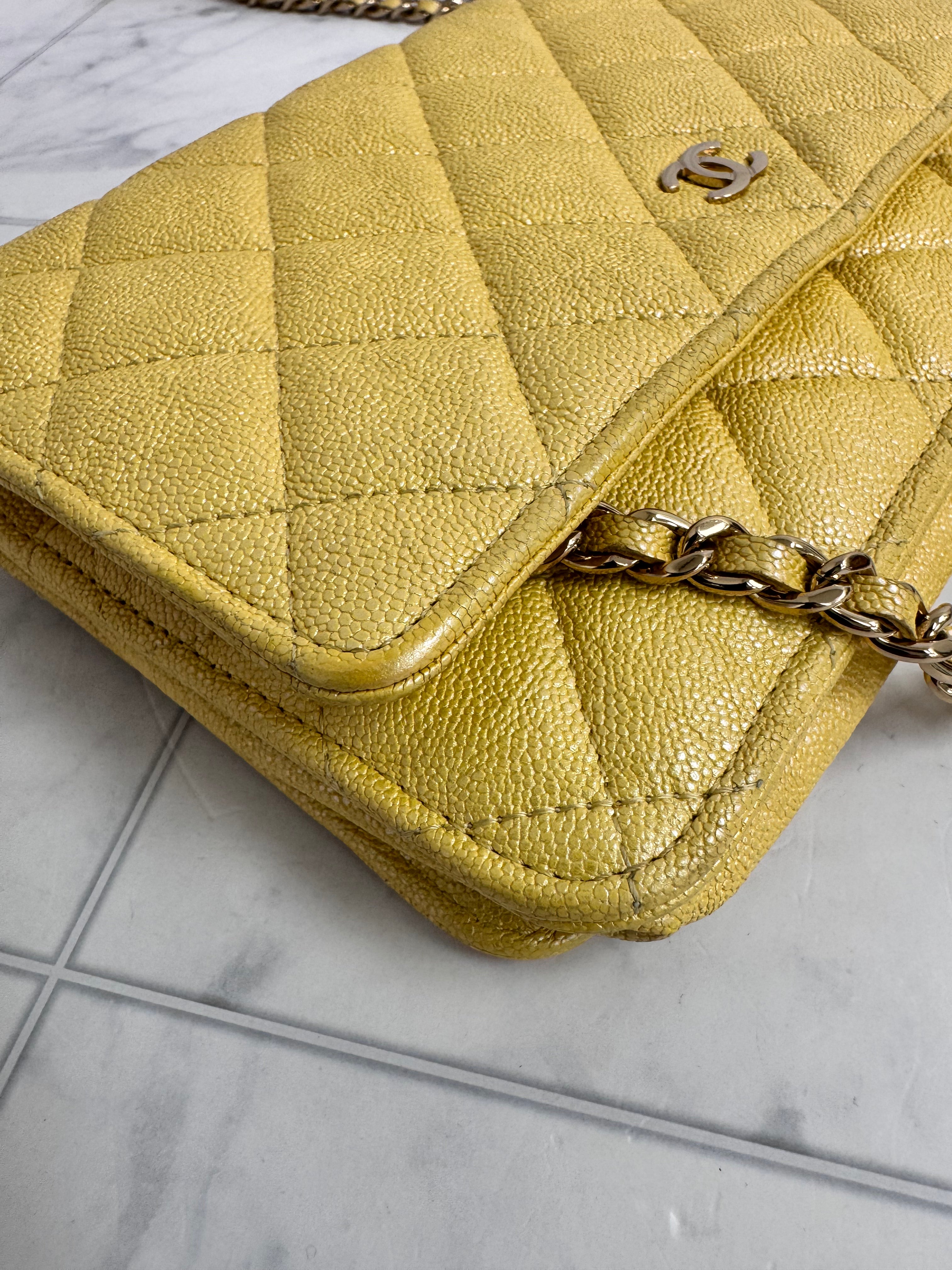 Chanel Iridescent Yellow Quilted Caviar Leather Wallet On A Chain