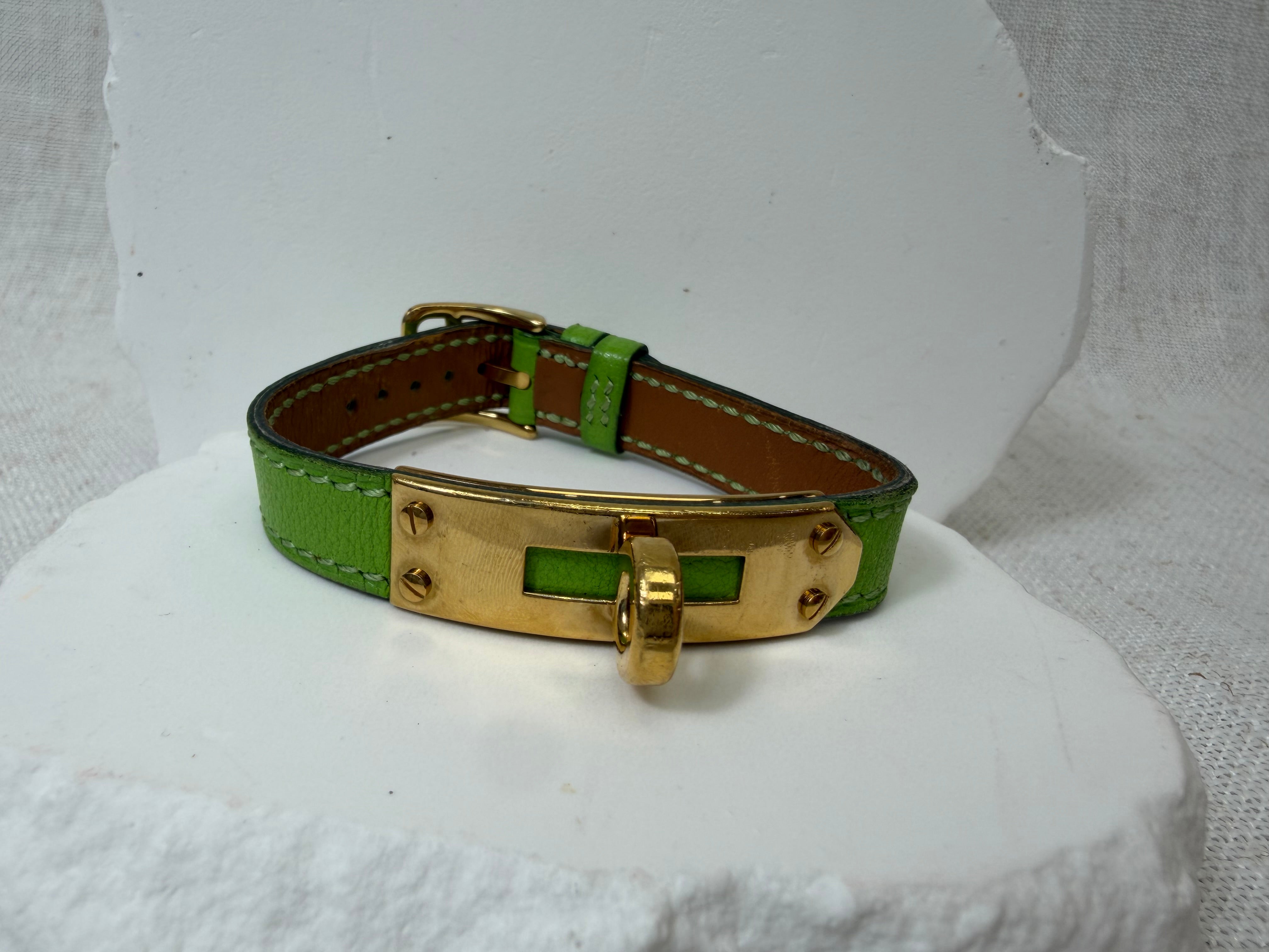 Hermes Lime Green Kelly Clasp Leather Bracelet