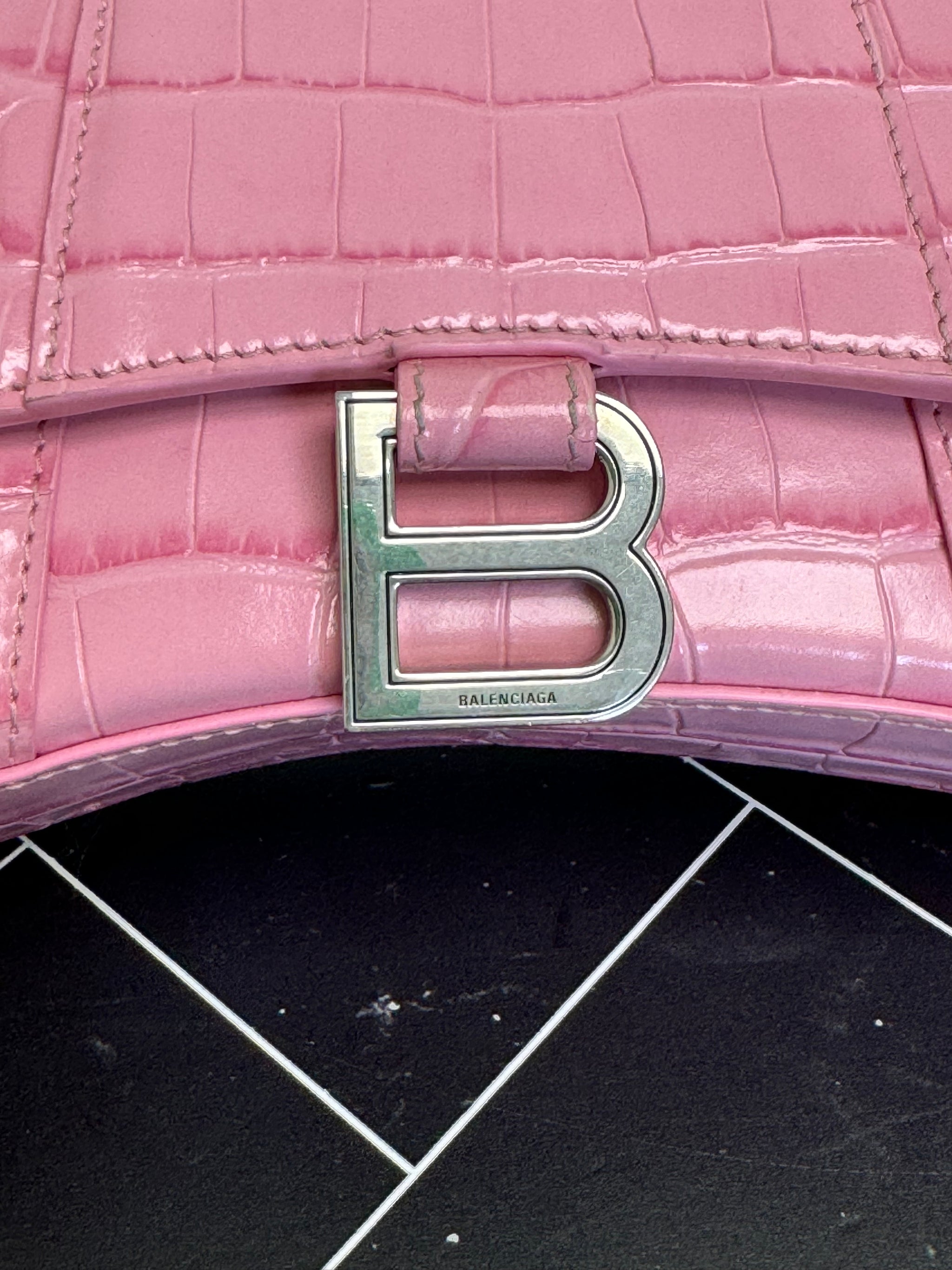 Balenciaga Pink Croc Embossed 2Way XS Hourglass Bag