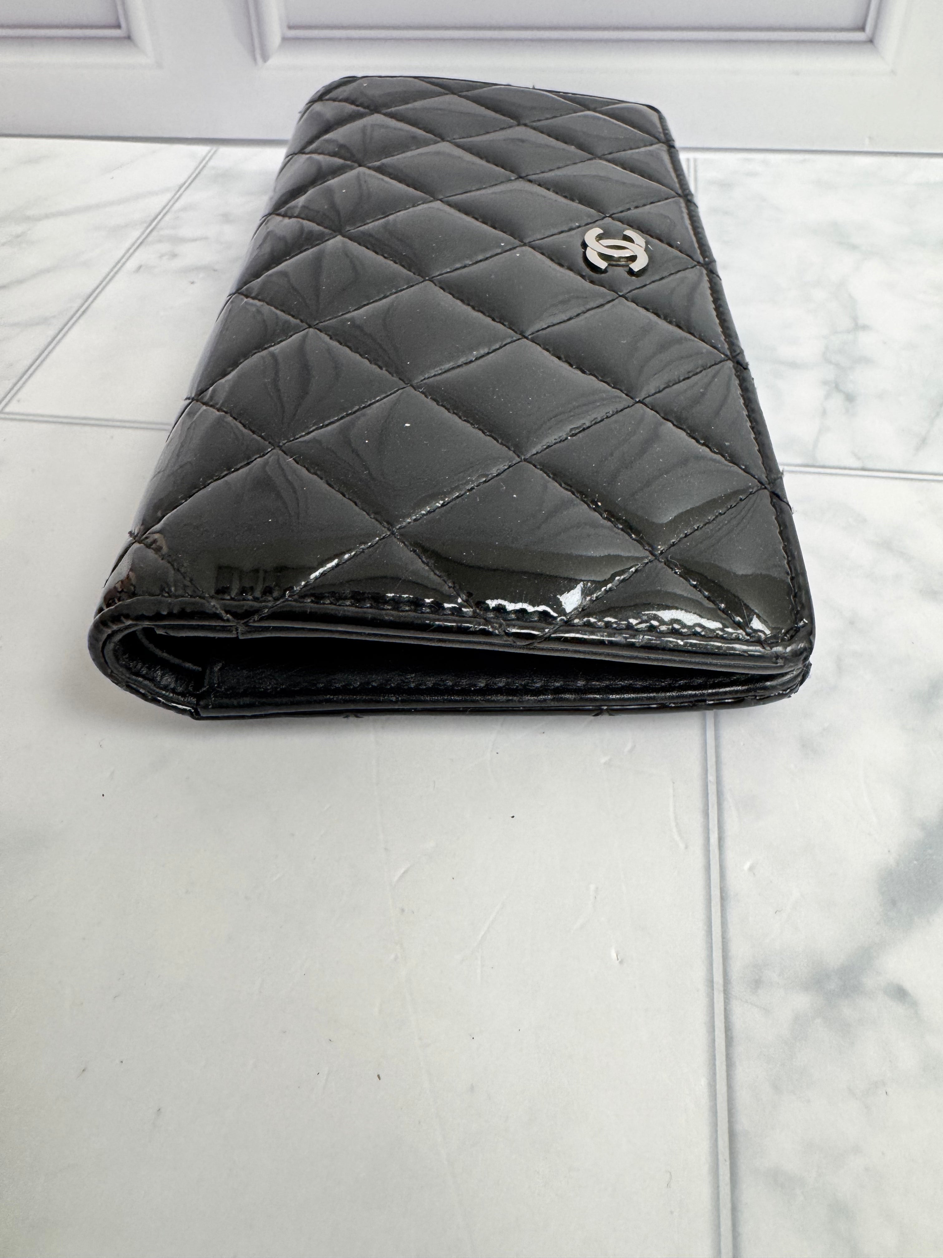 Chanel Black Quilted Patent Leather Long Wallet
