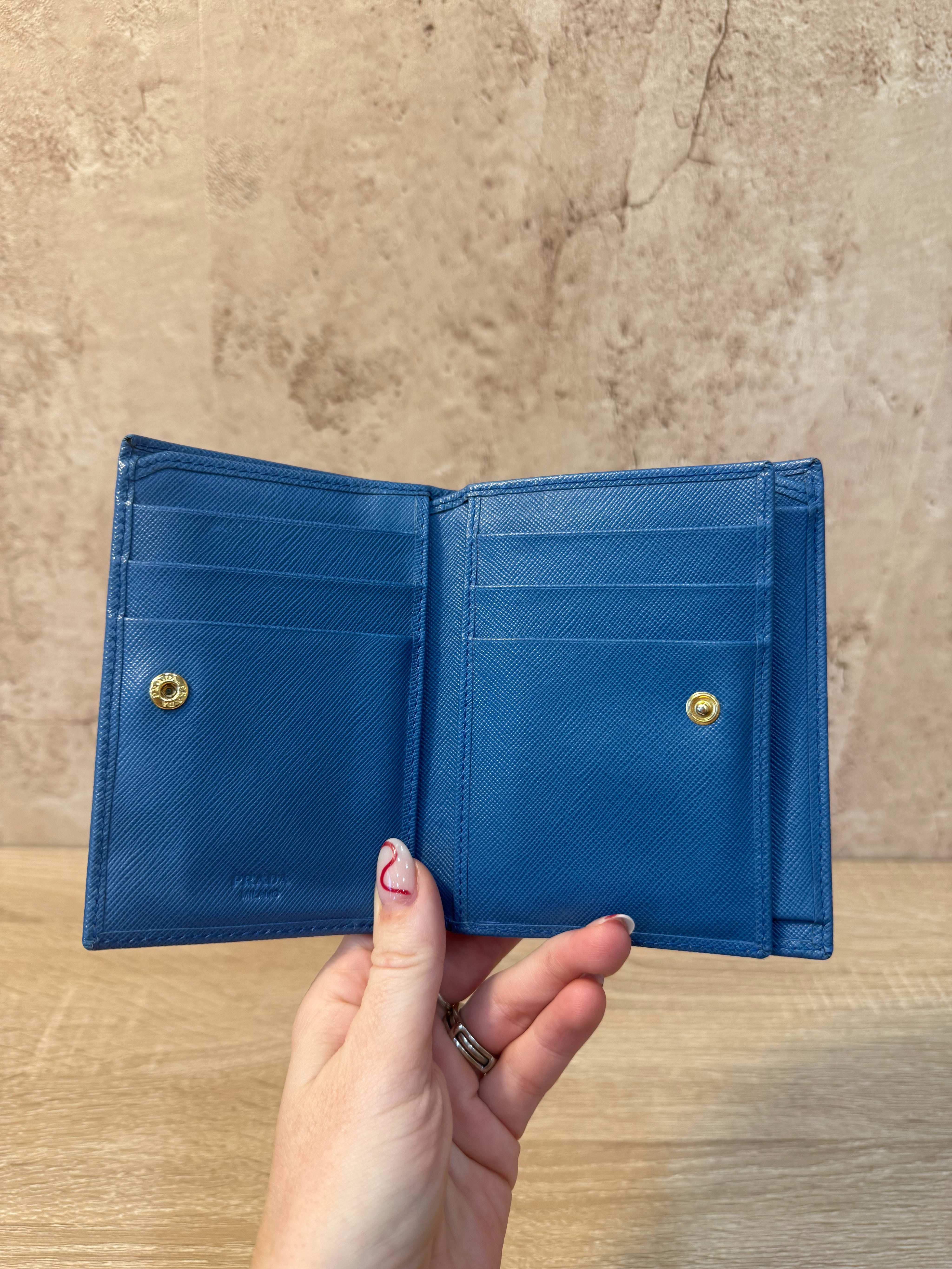 Prada Blue Saffiano Leather Compact Wallet