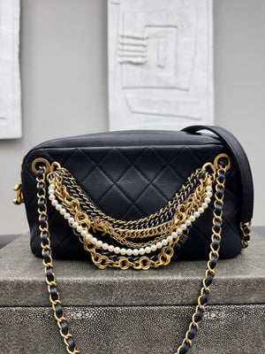 Chanel Black Diamond Quilted All About Chains Camera Bag