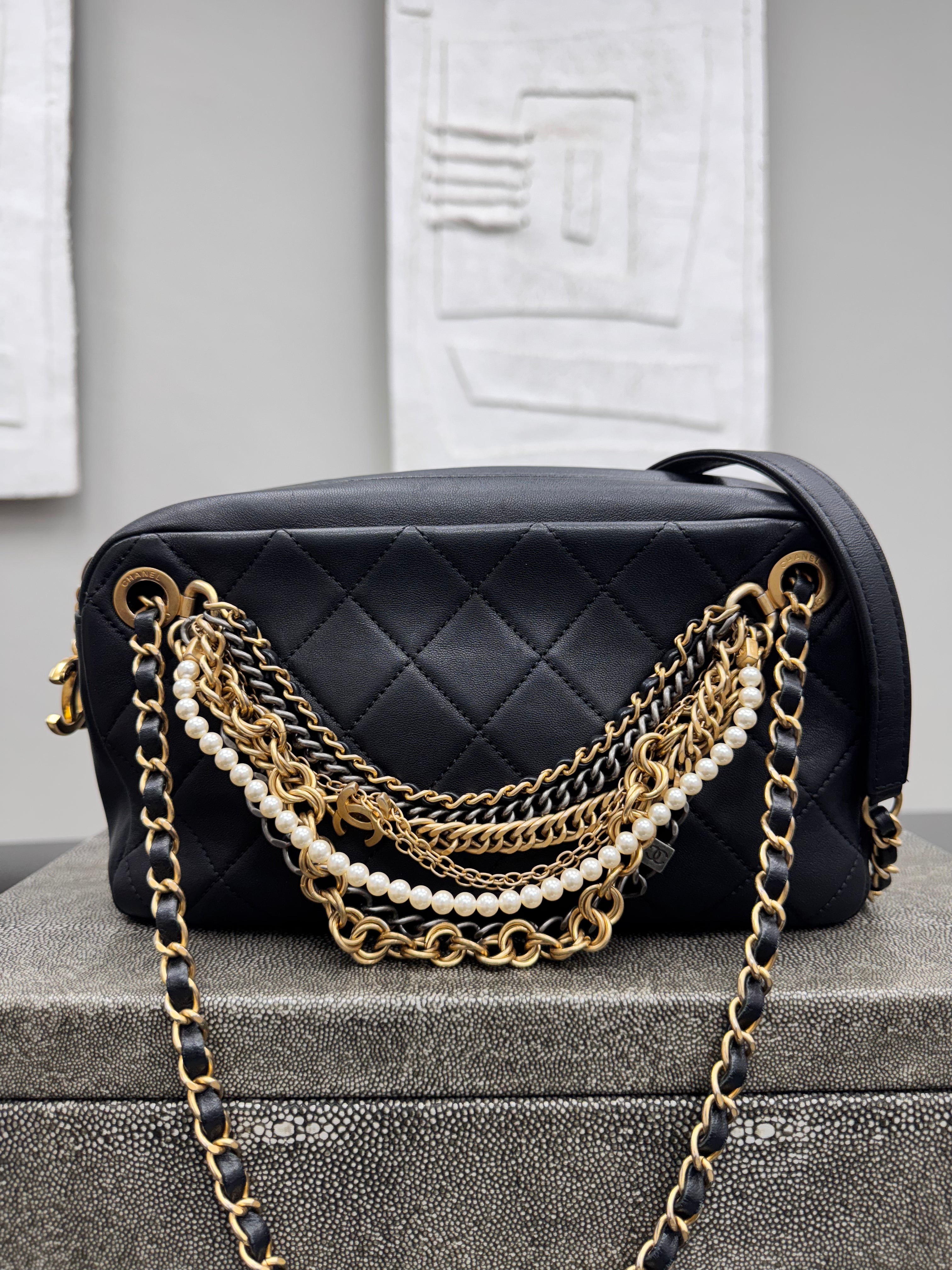 Chanel Black Diamond Quilted All About Chains Camera Bag