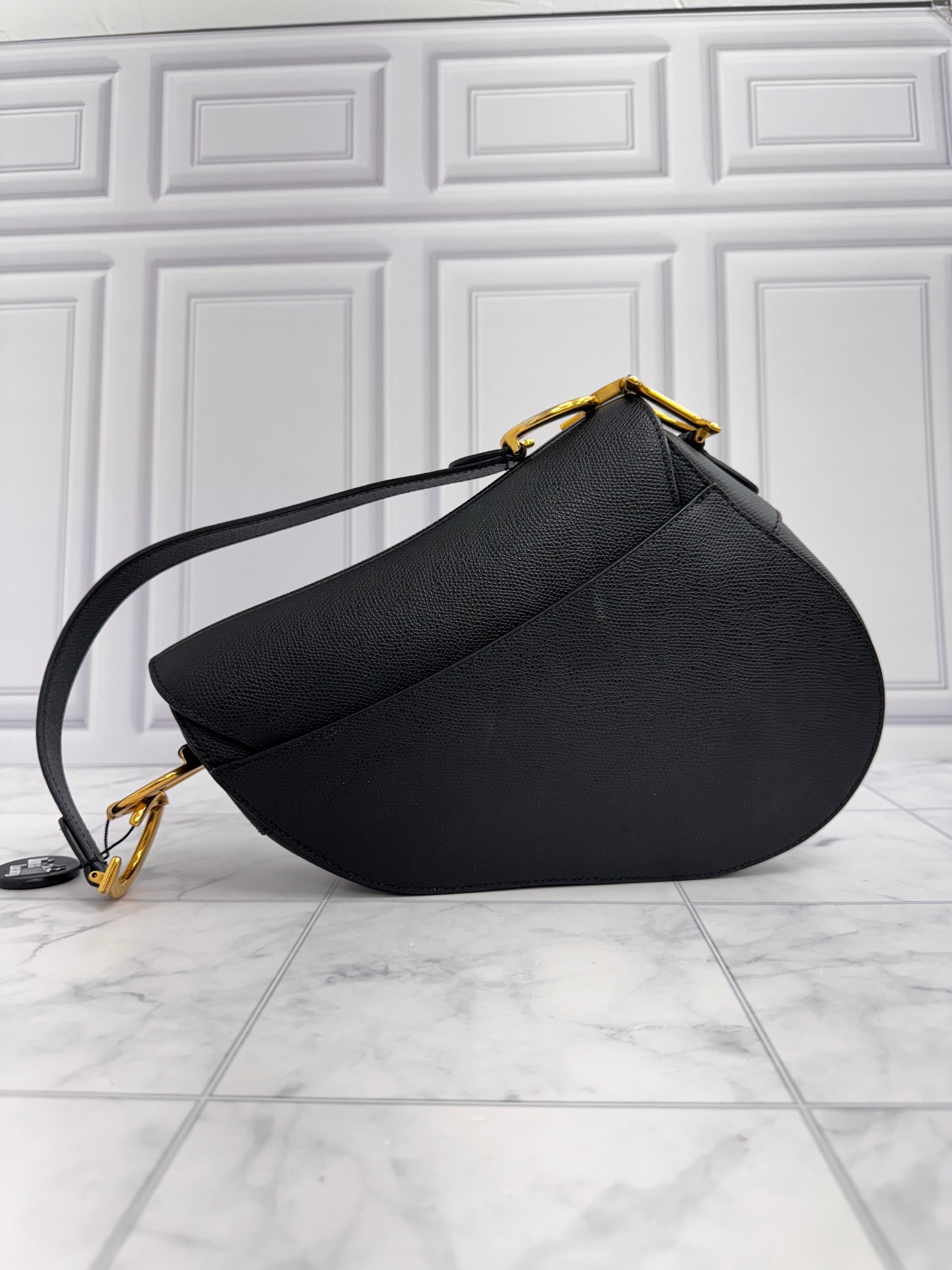 Christian Dior Black Grained Calfskin Leather Medium Saddle Bag