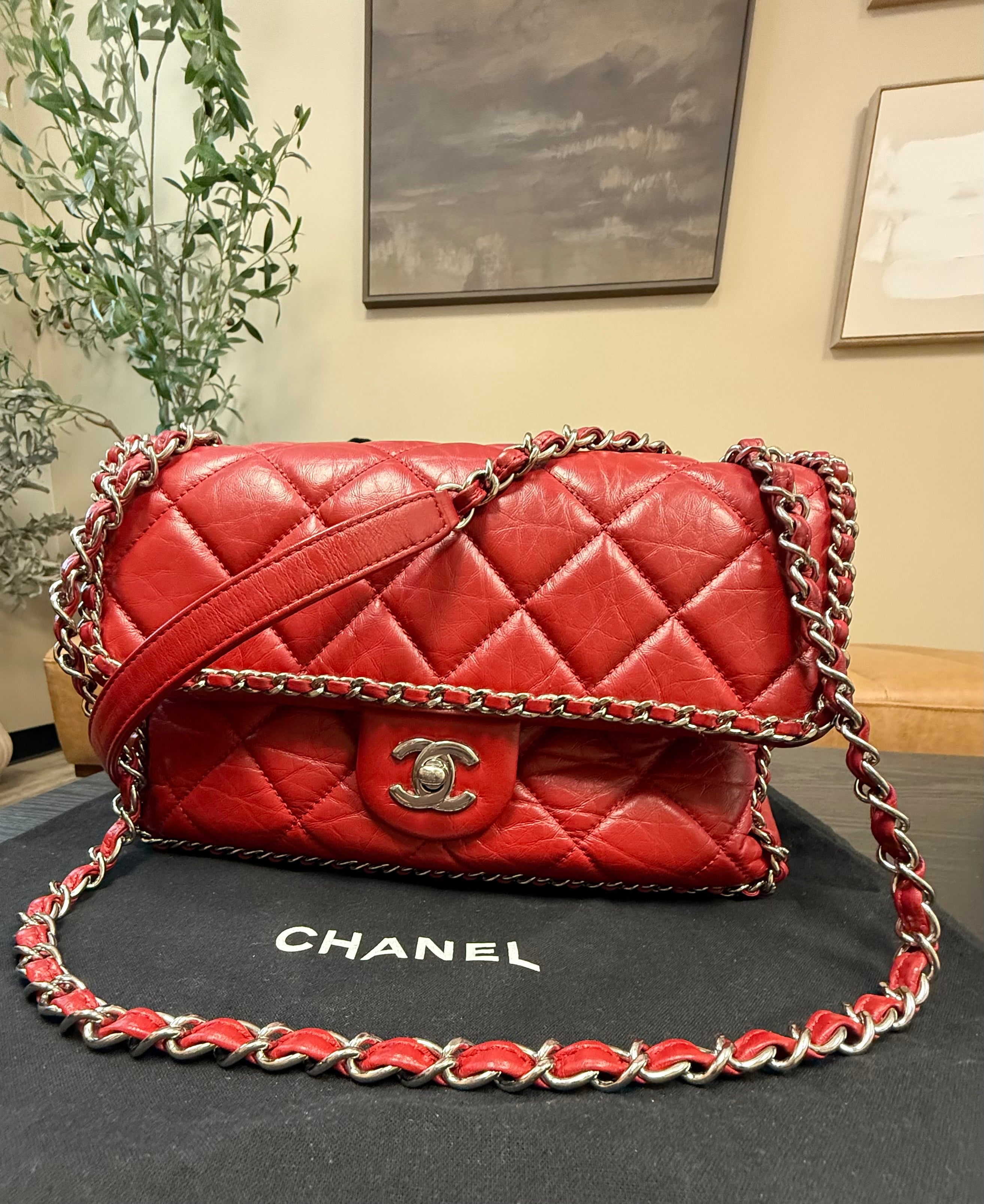 Chanel Red Crinkle Leather Running Chain Medium Single Flap